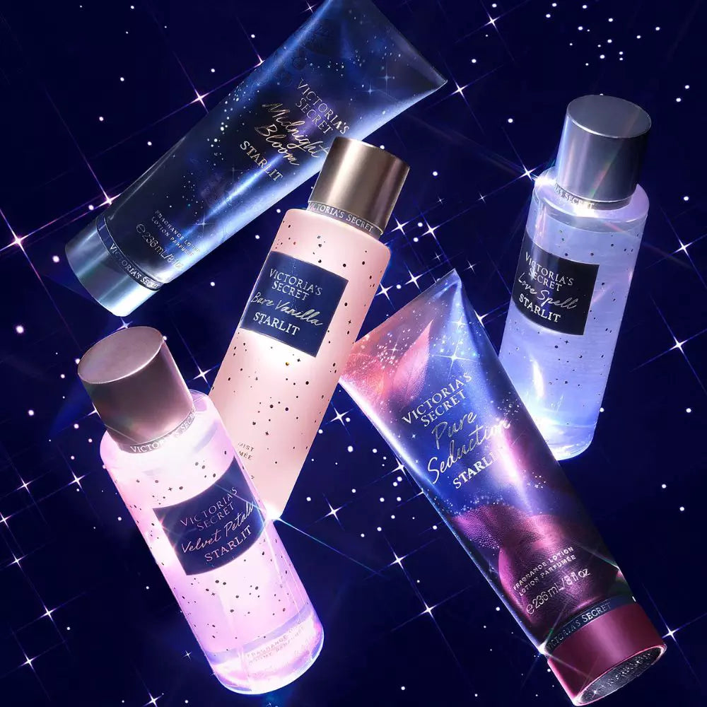 Coleção Victoria's Secret: Body Splashes e cremes hidratantes com fragrâncias luxuosas. Sinta o brilho da beleza e autocuidado.