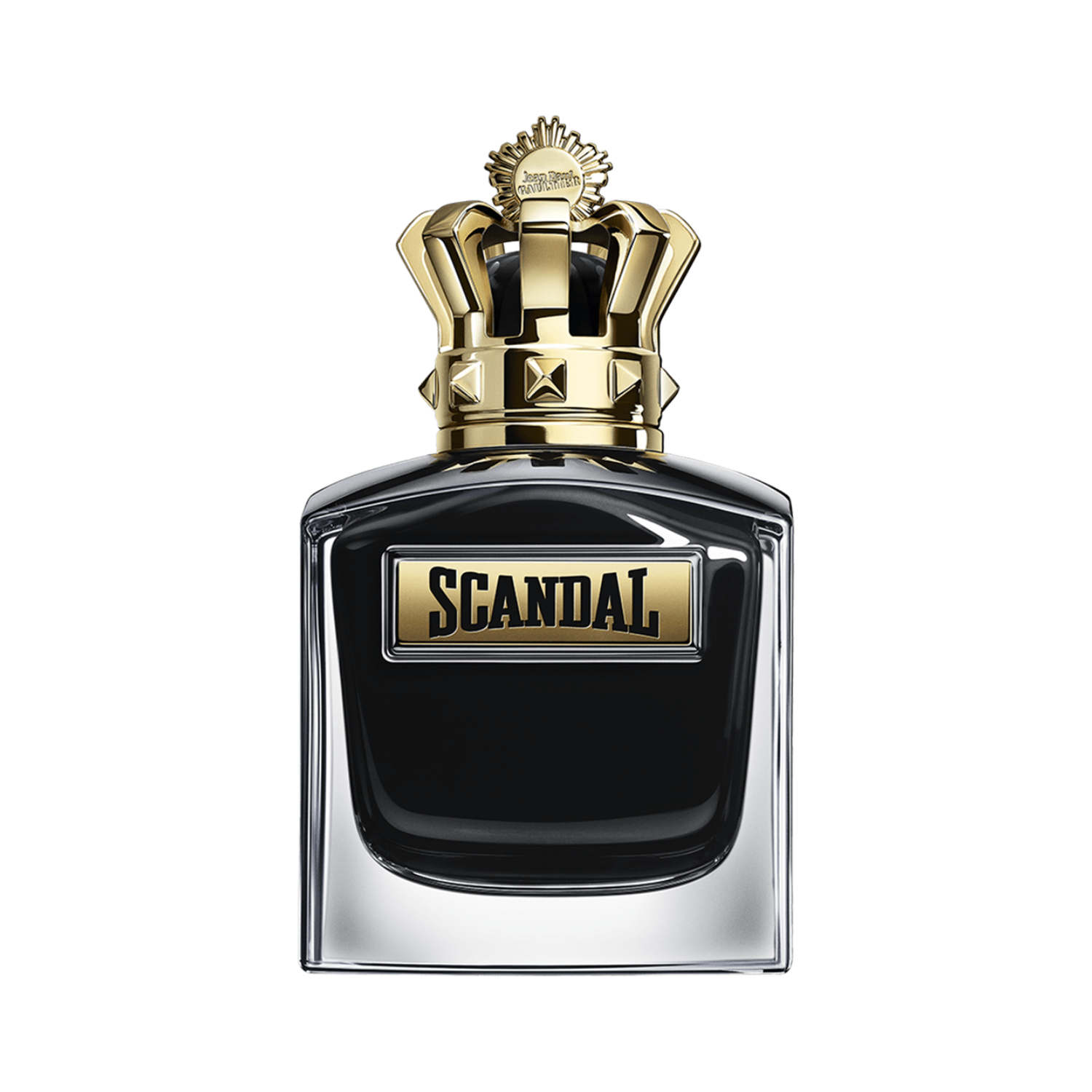 Frasco do perfume Scandal Pour Homme Parfum de Jean Paul Gaultier com fundo transparente, revelando o design sofisticado do frasco preto com tampa dourada em formato de coroa imponente e a logomarca “SCANDAL” em destaque.