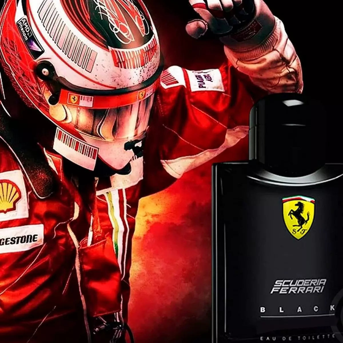 Frasco preto do perfume Scuderia Ferrari Black ao lado de piloto de corrida com uniforme vermelho, criando atmosfera de velocidade, adrenalina e masculinidade intensa.
