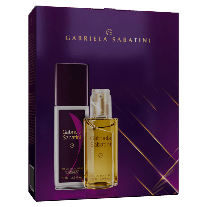 Kit Gabriela Sabatini com frasco de perfume de 60 ml e desodorante de 75 ml em embalagem sofisticada roxa com detalhes dourados. O conjunto combina elegância e feminilidade, com o logotipo da marca em destaque no centro da caixa.