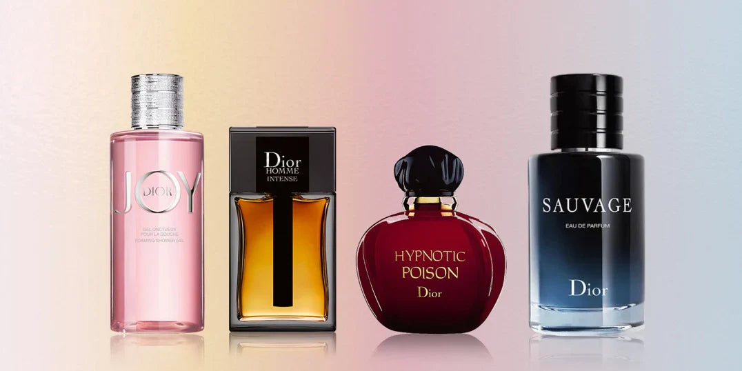 Frascos dos perfumes Dior JOY, Dior Homme, Hypnotic Poison e Sauvage em destaque. Fragrâncias masculinas e femininas originais.