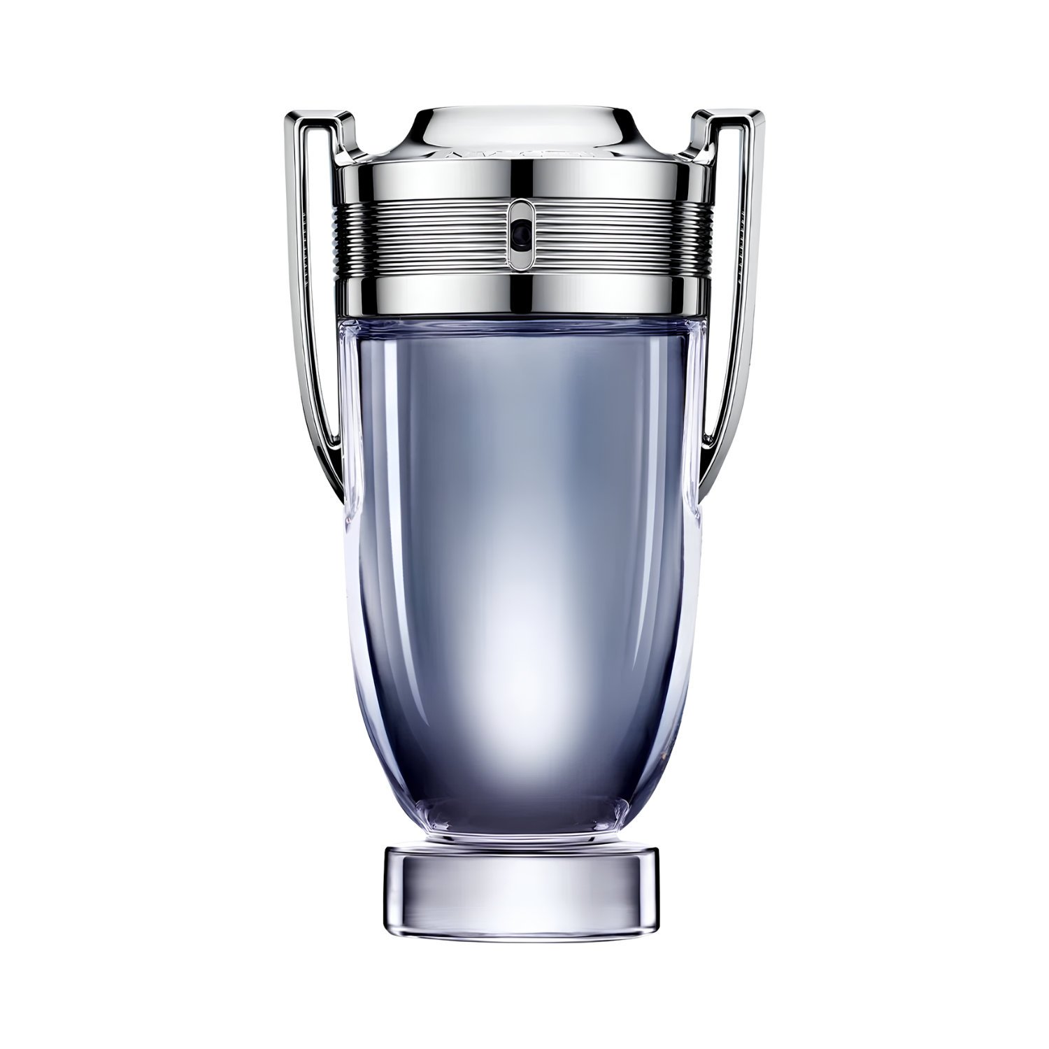 Frasco do perfume importado masculino Invictus Rabanne Eau de Toilette com design em forma de troféu, corpo em vidro transparente com líquido azul-cinzento, detalhes laterais e tampa em metal prateado, e alças estilizadas, disponível na Velyre.
