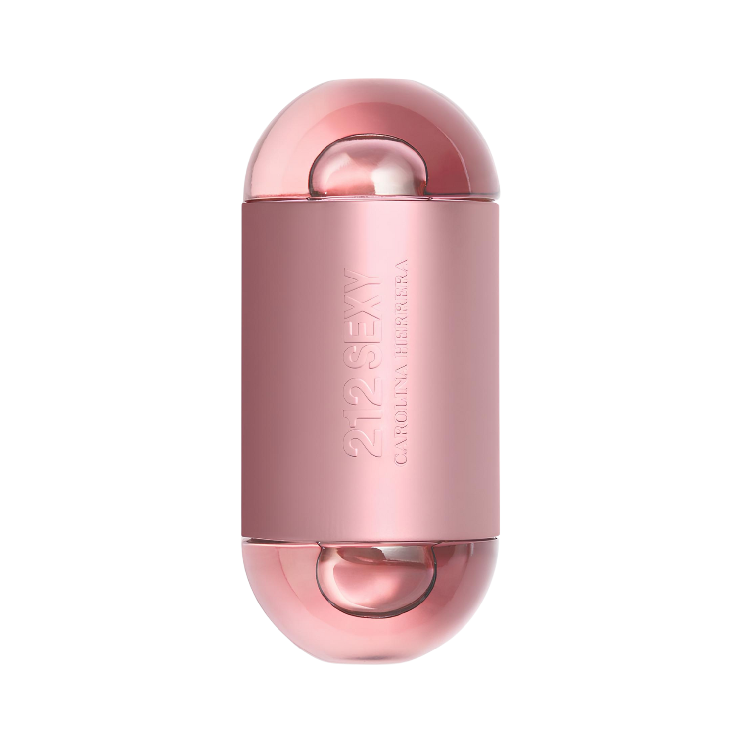 Frasco do perfume feminino 212 Sexy Carolina Herrera Eau de Parfum com design cilíndrico em tom rosé metálico fosco, com extremidades arredondadas e transparentes que revelam o líquido rosado. O nome "212 SEXY" gravado verticalmente e a marca "CAROLINA HERRERA" abaixo.