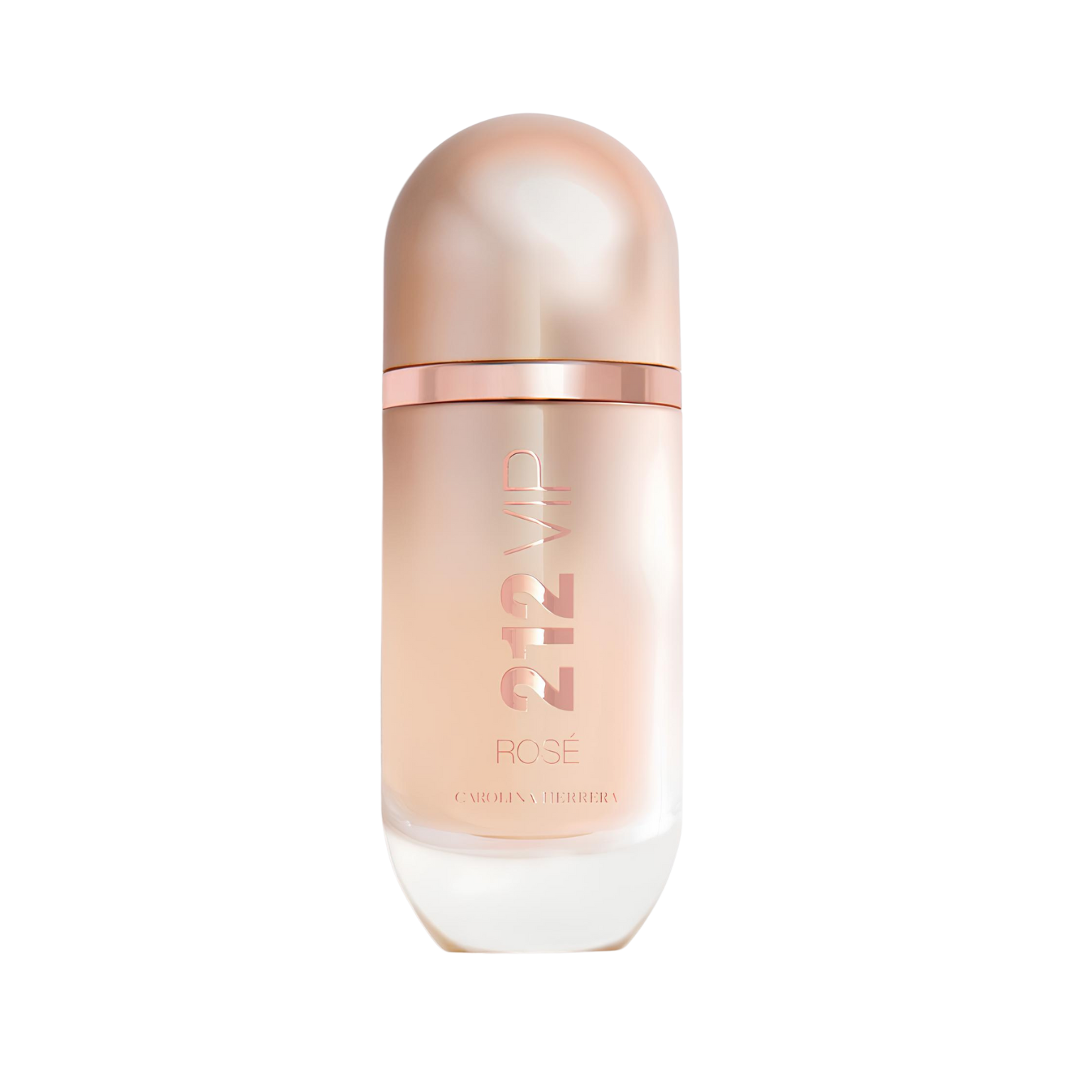 Frasco do perfume feminino 212 VIP Rosé Carolina Herrera Eau de Parfum com design cilíndrico alongado em degradê de rosé metálico fosco na parte superior para transparente na base, revelando o líquido rosado. Possui uma tampa arredondada também em rosé metálico fosco e o nome "212 VIP ROSÉ" gravado verticalmente em itálico, seguido da marca "CAROLINA HERRERA".
