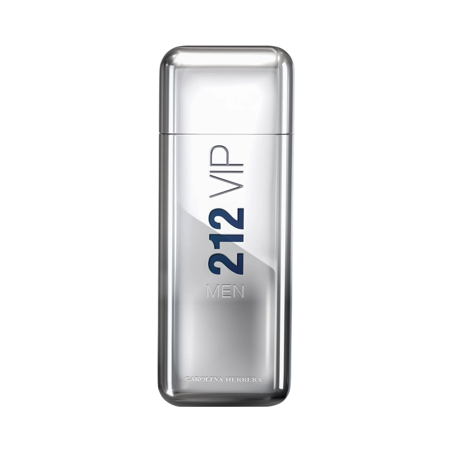 Frasco do perfume masculino 212 Vip Men Carolina Herrera Eau de Toilette com design retangular em metal prateado brilhante com cantos arredondados. O número "212 VIP" em azul está posicionado verticalmente na frente, seguido da palavra "MEN" em prata e da marca "CAROLINA HERRERA" na base.