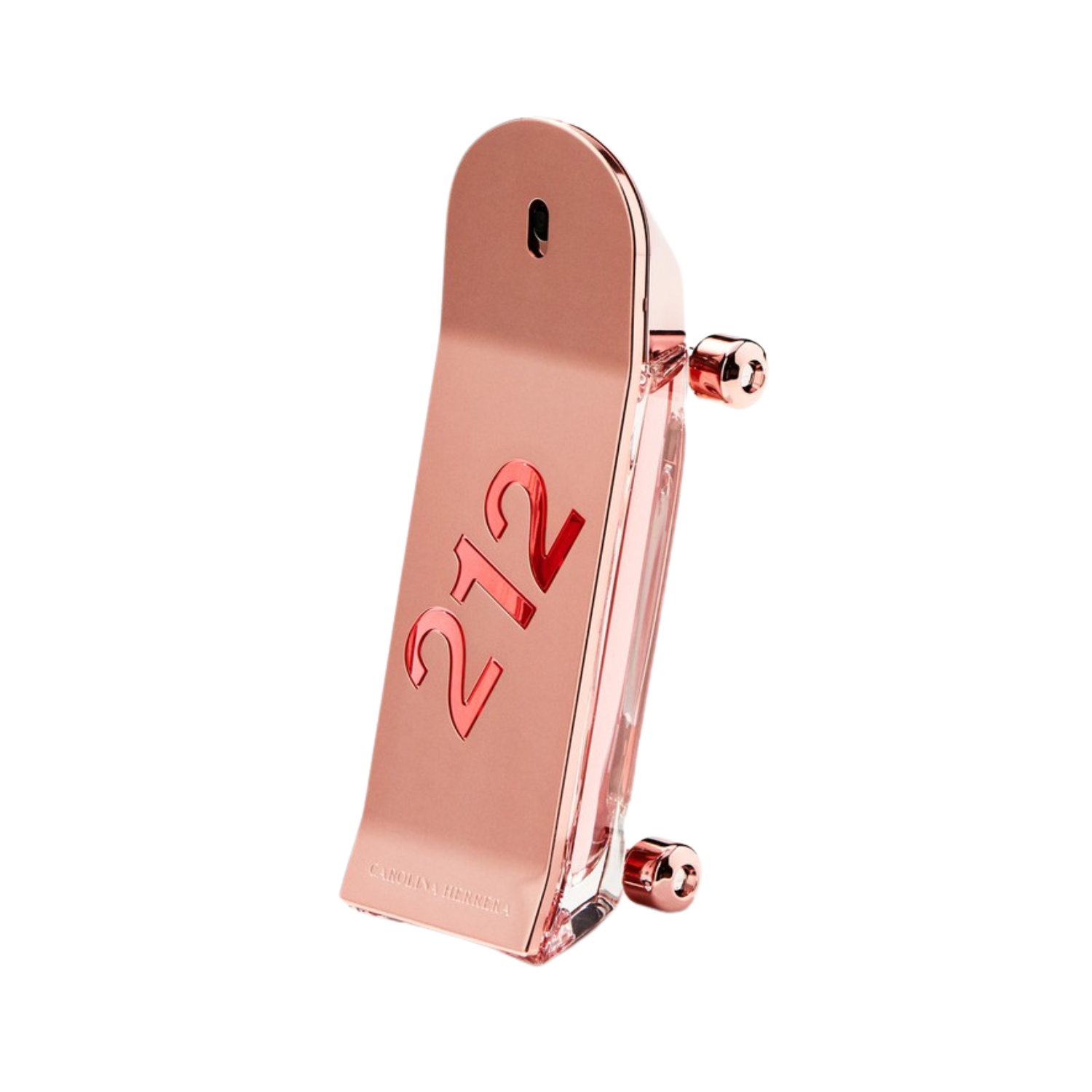 Frasco do perfume feminino 212 Heroes For Her Carolina Herrera Eau de Toilette com design inovador de skate em rosa metálico e detalhes em ouro rosé, com o número "212" em destaque.