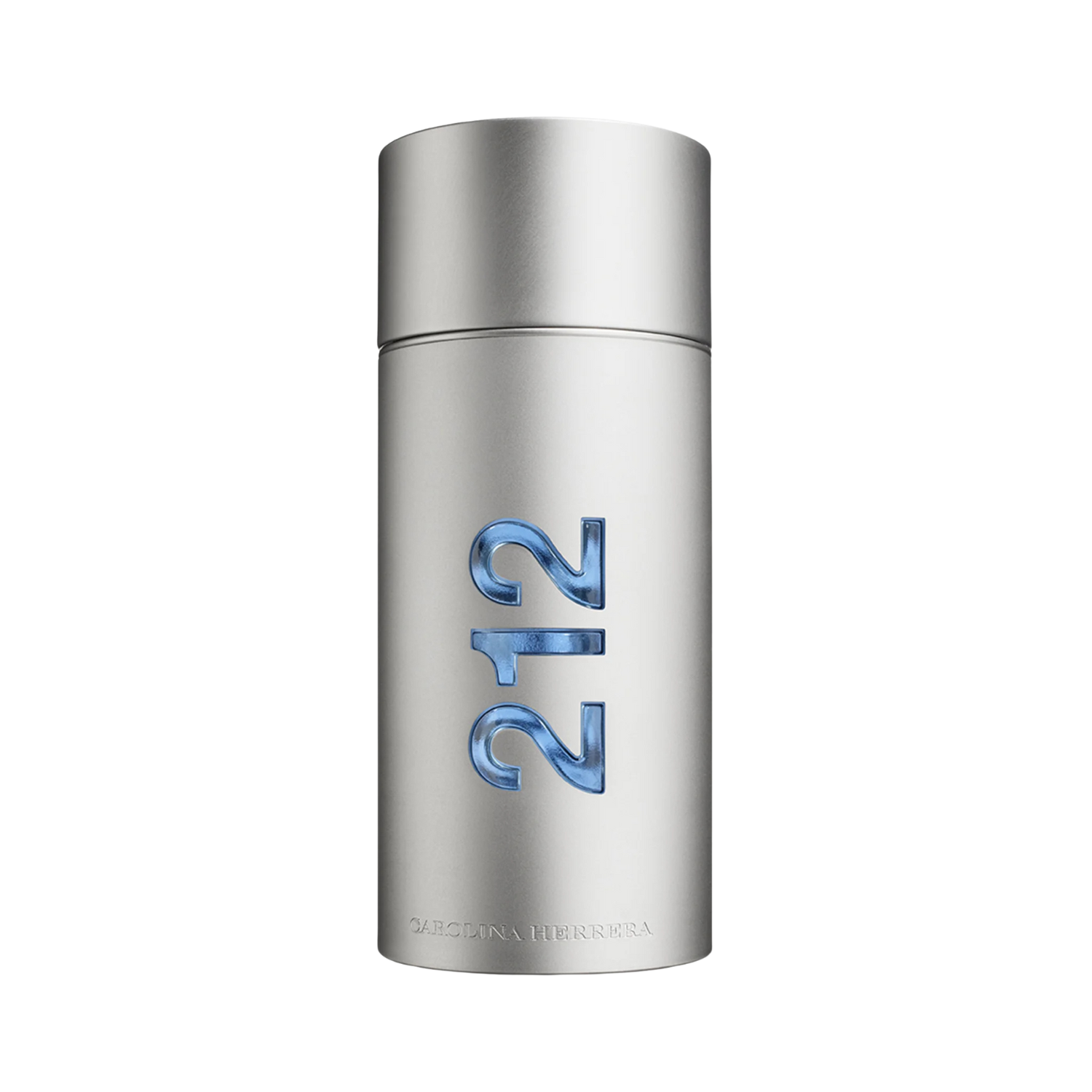 Frasco do perfume masculino 212 NYC Men Carolina Herrera Eau de Toilette com design cilíndrico em metal prateado fosco, com o número "212" vazado revelando o líquido azul por trás. A tampa é também prateada e cilíndrica, mantendo a linha minimalista e moderna.