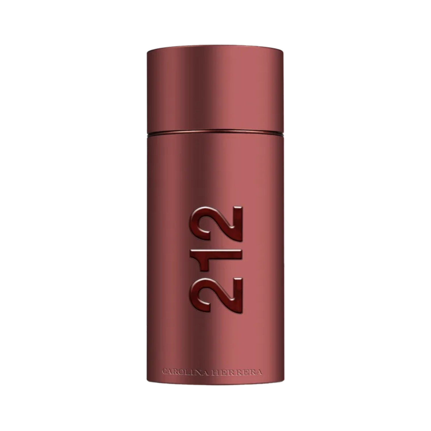 Frasco do perfume masculino 212 Sexy Men Carolina Herrera Eau de Toilette com design cilíndrico em tom marrom avermelhado metálico, com o número "212" e o nome "MEN" em relevo no centro. A tampa cilíndrica e a base complementam a estética moderna e sedutora.