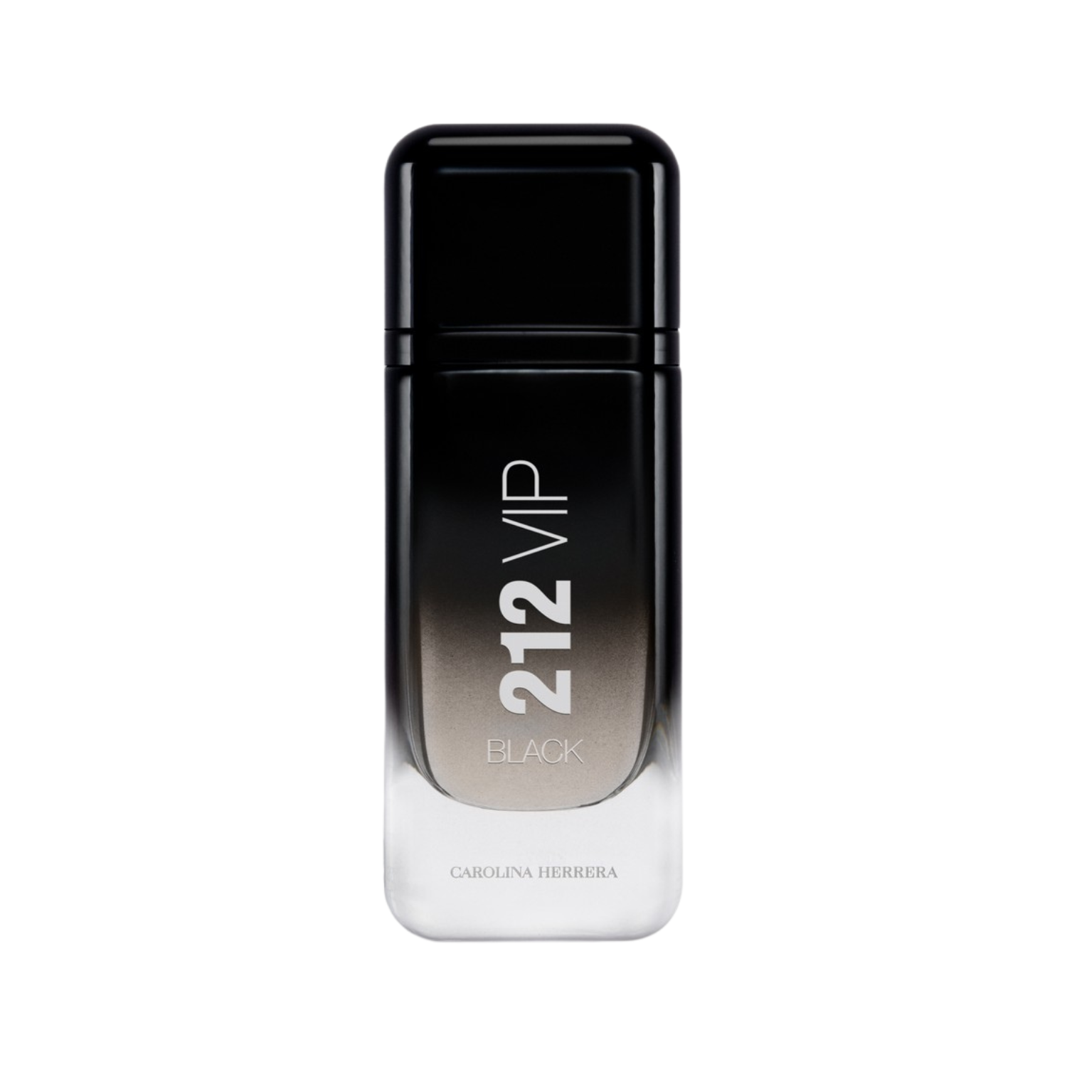 Frasco do perfume importado masculino 212 VIP Black Carolina Herrera Eau de Parfum 100ml com design retangular em vidro degradê preto a transparente, topo preto e o nome "212 VIP BLACK" em destaque na frente, disponível na Velyre.