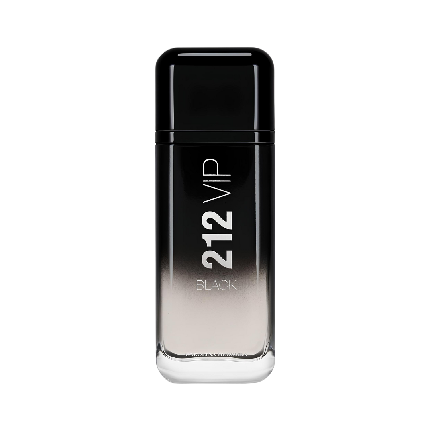 Frasco do perfume importado masculino 212 VIP Black Carolina Herrera Eau de Parfum com design retangular em vidro degradê preto a transparente, topo preto e o nome "212 VIP BLACK" em destaque na frente, disponível na Velyre.