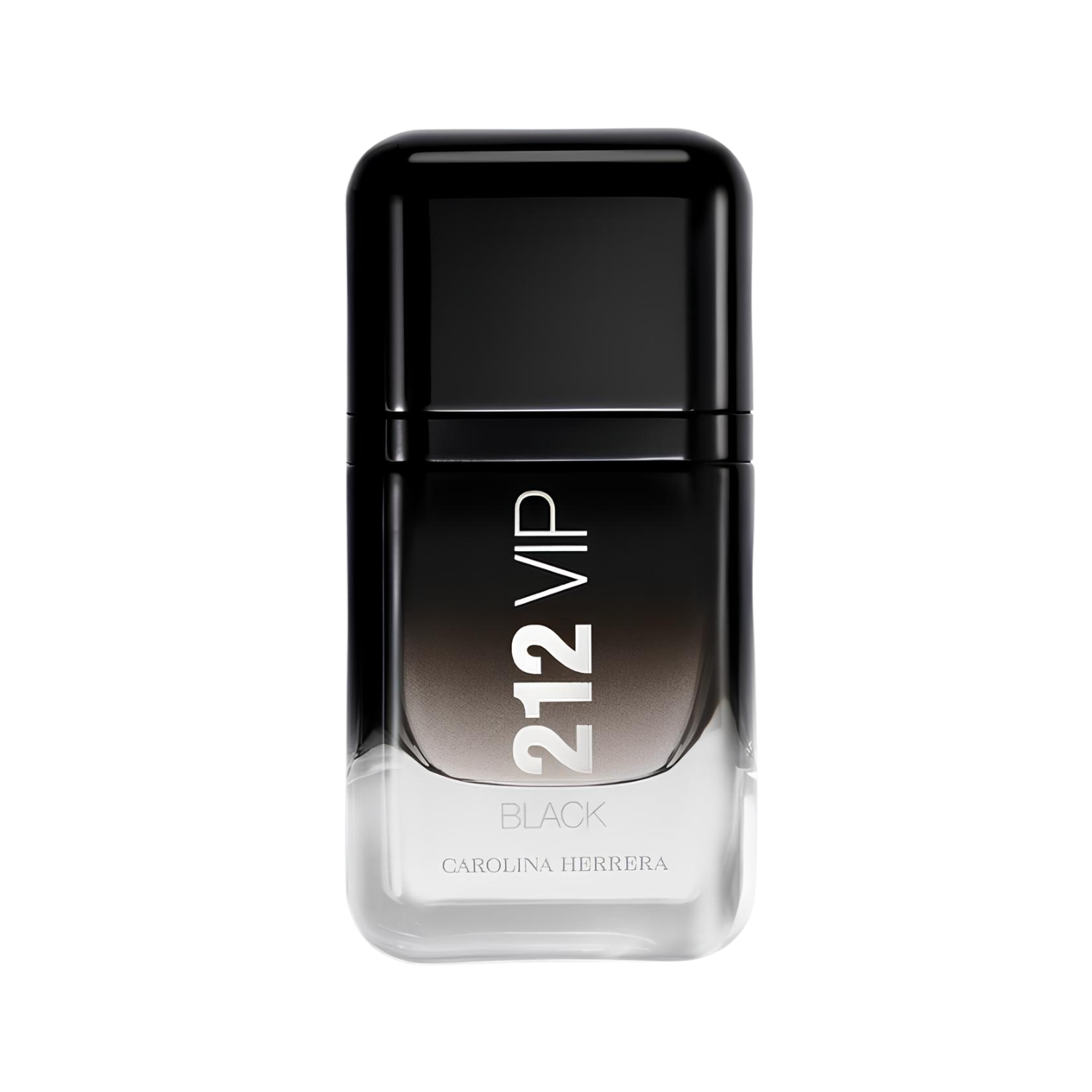 Frasco do perfume importado masculino 212 VIP Black Carolina Herrera Eau de Parfum com design retangular em vidro degradê preto a transparente, topo preto e o nome "212 VIP BLACK" em destaque na frente, disponível na Velyre.
