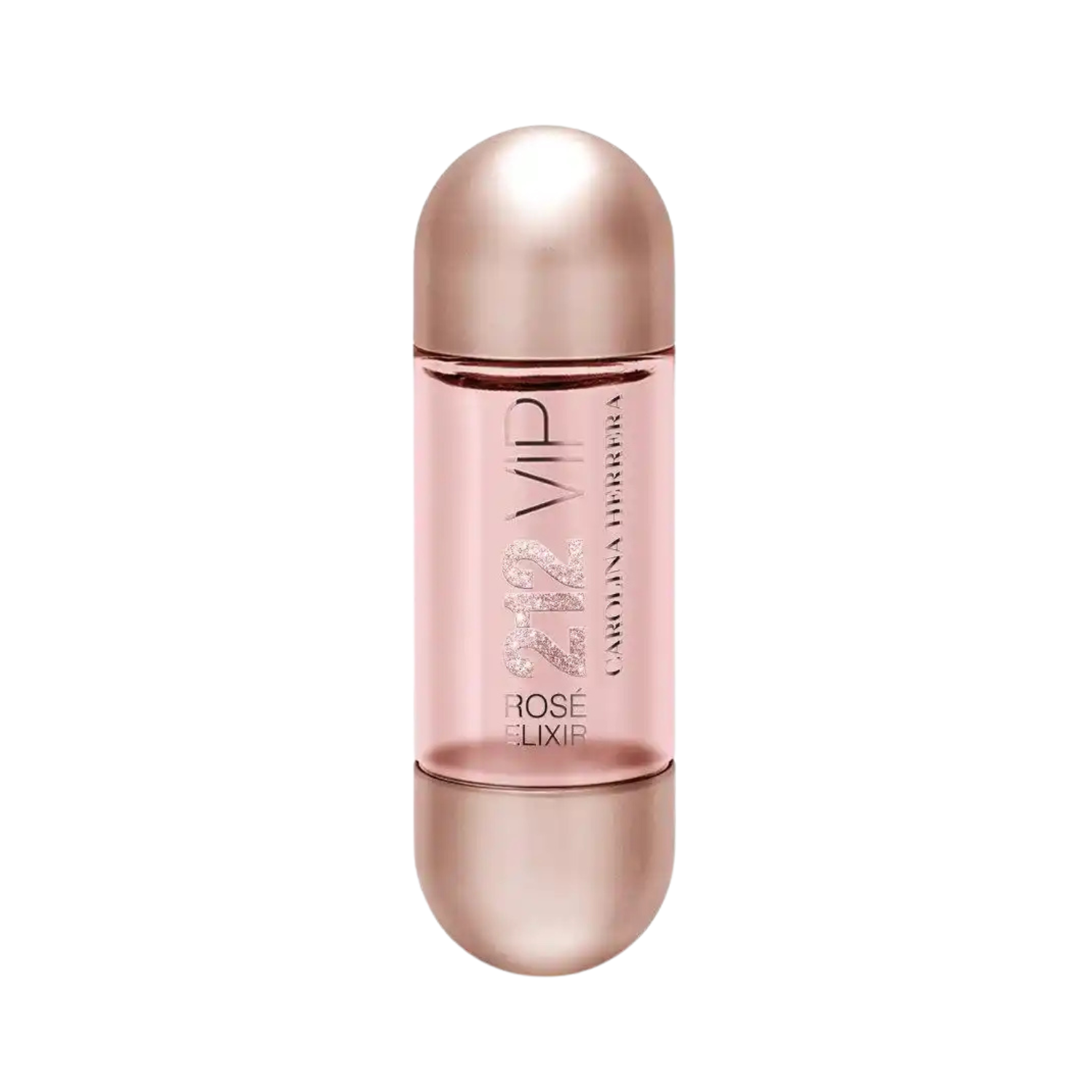 Frasco do perfume importado feminino 212 VIP Rosé Elixir Carolina Herrera Eau de Parfum, com design cilíndrico em vidro transparente em tom rosé, revelando o líquido levemente rosado. Possui acabamento elegante com tampa arredondada em tom metálico rose gold e anel central na mesma cor, onde estão gravadas as inscrições da fragrância, transmitindo sofisticação e modernidade, disponível na Velyre.