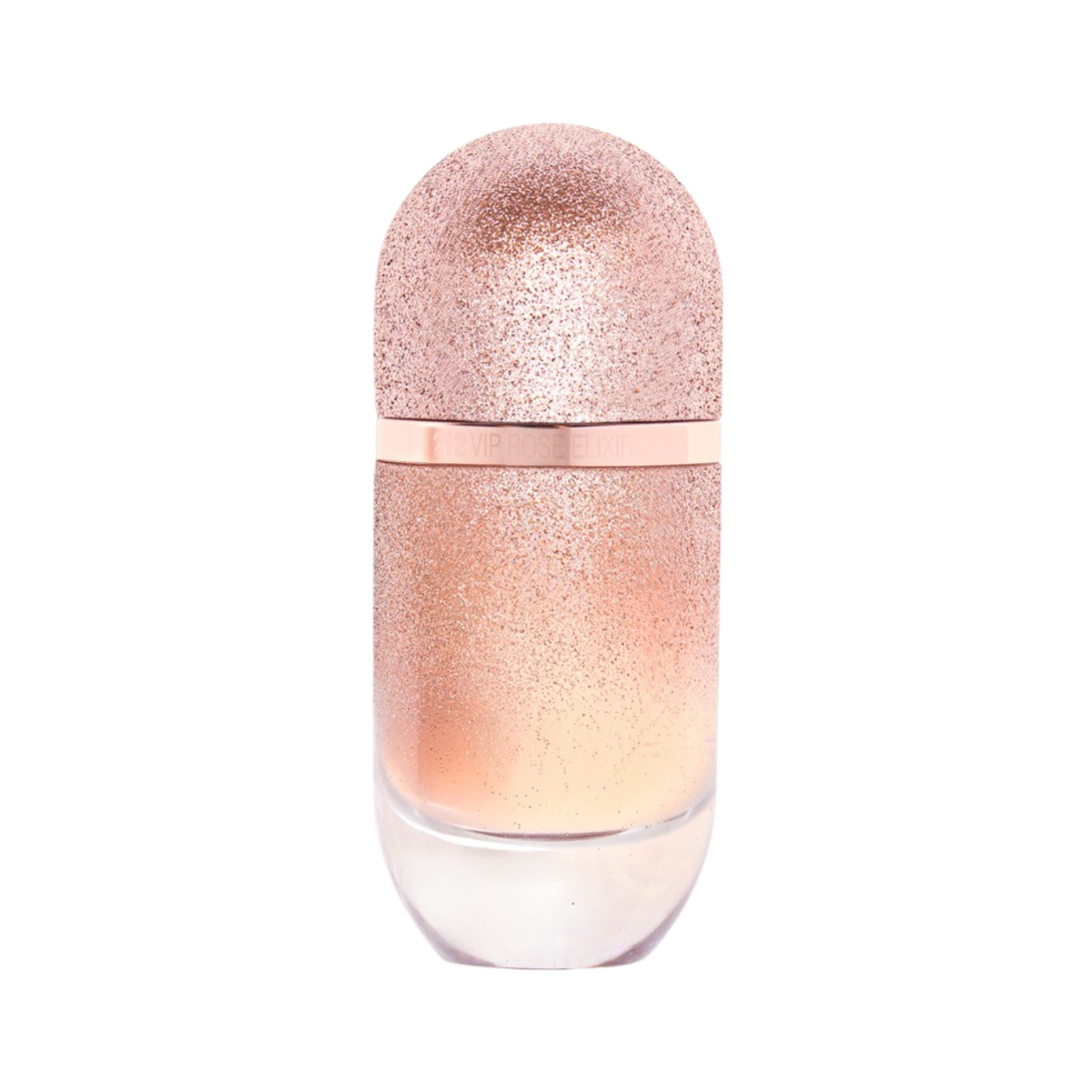Frasco do perfume importado feminino 212 Vip Rosé Elixir Carolina Herrera Eau de Parfum com design cilíndrico em vidro transparente degradê para rosa e recoberto com glitter rose gold cintilante. A tampa é arredondada e também coberta de glitter, com um anel rose gold com a inscrição "VIP ROSÉ ELIXIR", disponível na Velyre.
