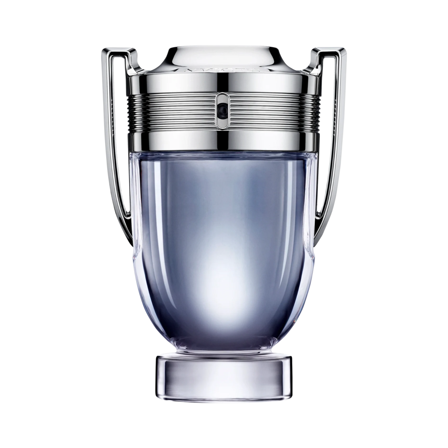 Frasco do perfume importado masculino Invictus Rabanne Eau de Toilette 50ml com design em forma de troféu, corpo em vidro transparente com líquido azul-cinzento, detalhes laterais e tampa em metal prateado, e alças estilizadas, disponível na Velyre.