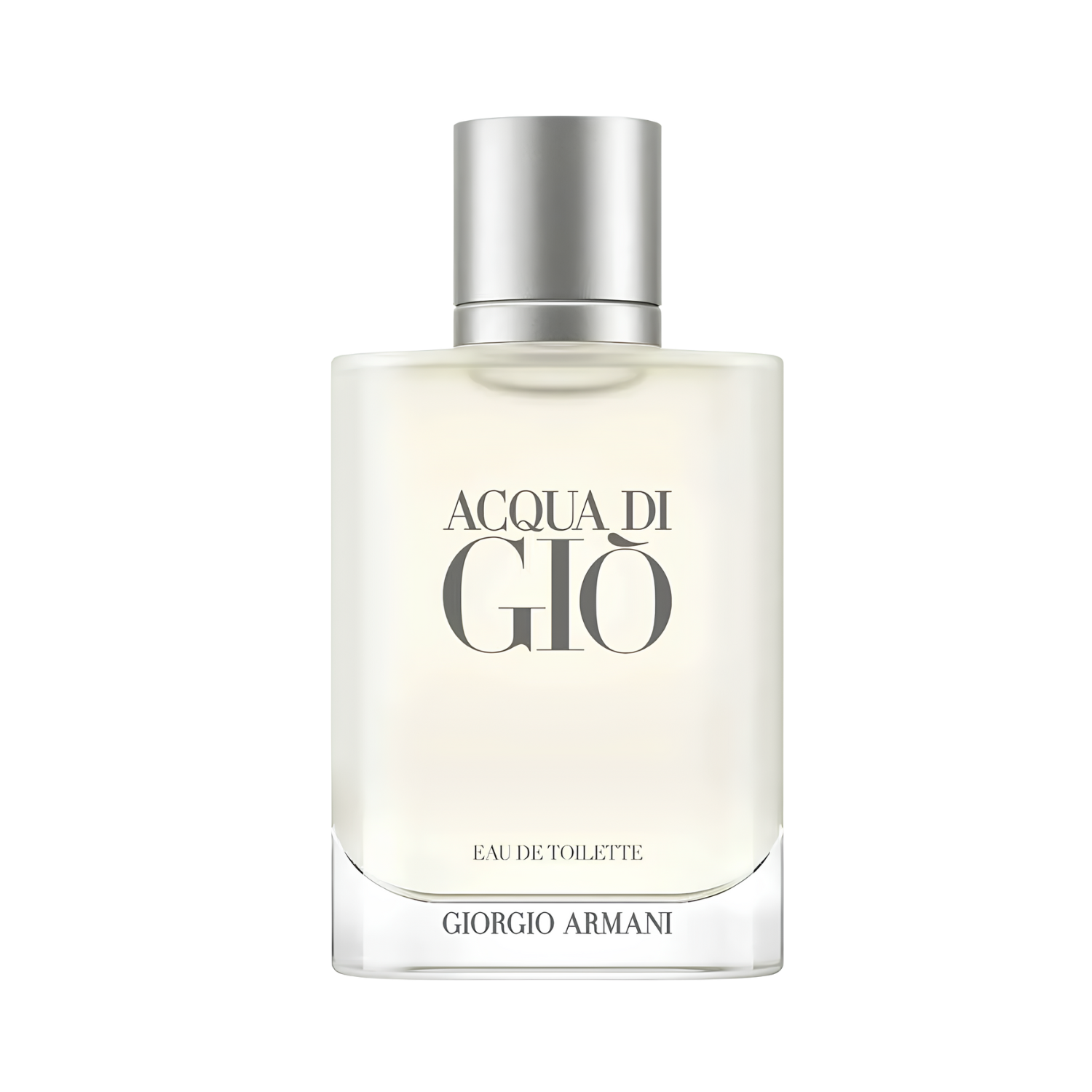 Frasco do perfume masculino Acqua di Giò Giorgio Armani Eau de Toilette 100ml com design retangular em vidro fosco transparente e líquido esverdeado translúcido. O nome "ACQUA DI GIÒ" está em cinza escuro no centro, seguido de "EAU DE TOILETTE" e "GIORGIO ARMANI" na base. A tampa é prateada e cilíndrica.