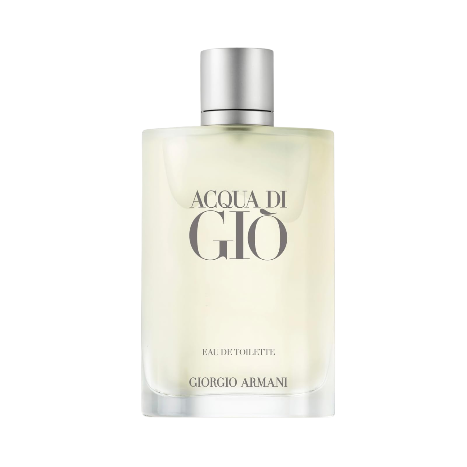 Frasco do perfume masculino Acqua di Giò Giorgio Armani Eau de Toilette 200ml com design retangular em vidro fosco transparente e líquido esverdeado translúcido. O nome "ACQUA DI GIÒ" está em cinza escuro no centro, seguido de "EAU DE TOILETTE" e "GIORGIO ARMANI" na base. A tampa é prateada e cilíndrica.