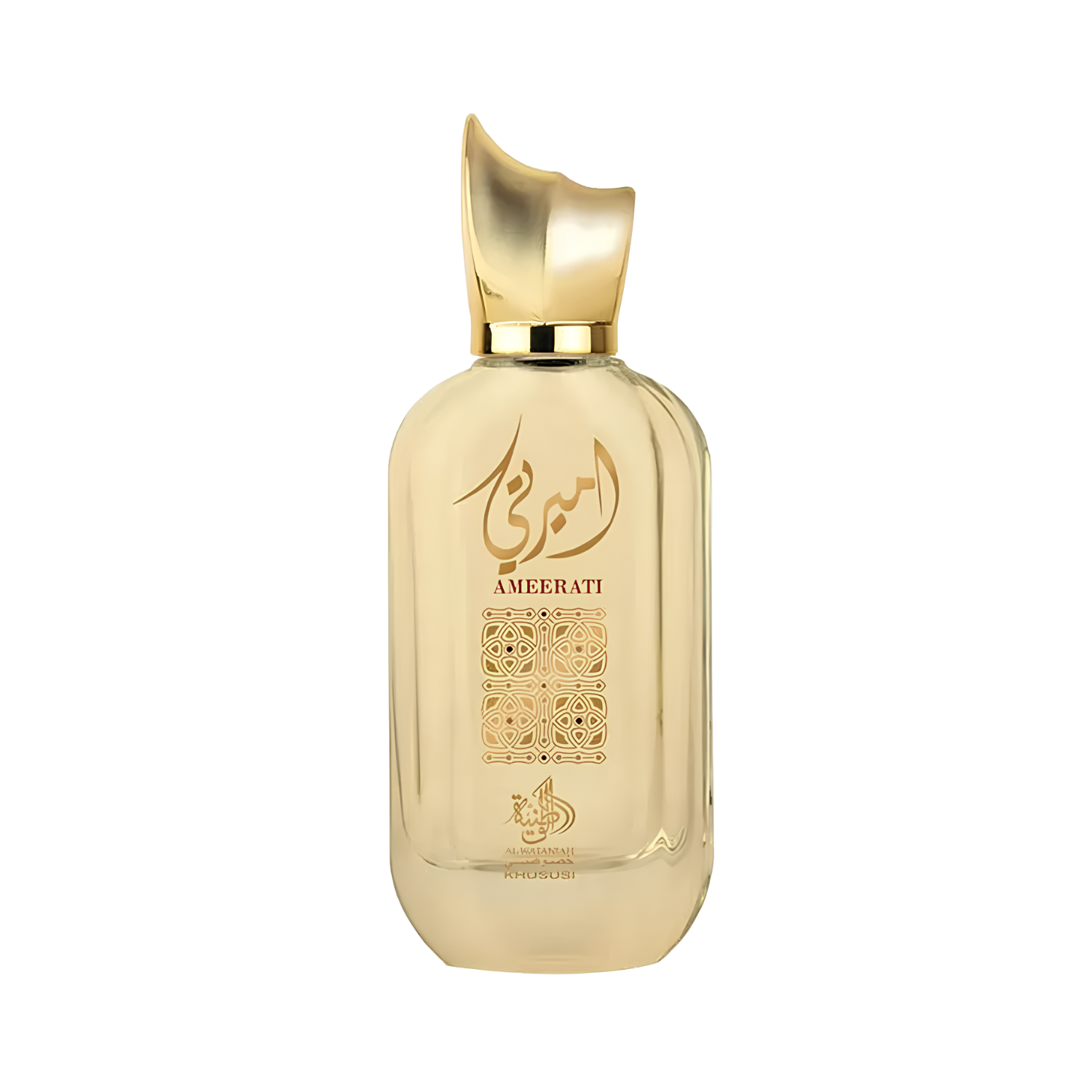 Frasco do perfume árabe Ameerati Al Wataniah Eau de Parfum, disponível na Velyre, com design elegante e curvilíneo em vidro transparente com tom levemente amarelado, detalhes dourados incluindo padrão arabesco na frente e nome 'اميرتي' em árabe e 'AMEERATI' em letras latinas. Tampa dourada com formato orgânico e sofisticado.