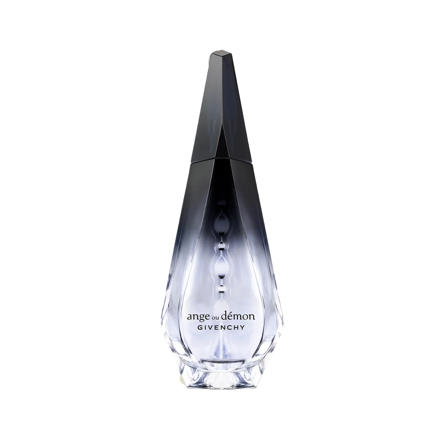 Frasco do perfume feminino Ange ou Démon Givenchy Eau de Parfum com design icônico em forma de gota ou prisma alongado, com gradiente de preto translúcido no topo para transparente na base. O nome "ange ou démon" e "GIVENCHY" estão gravados na frente.