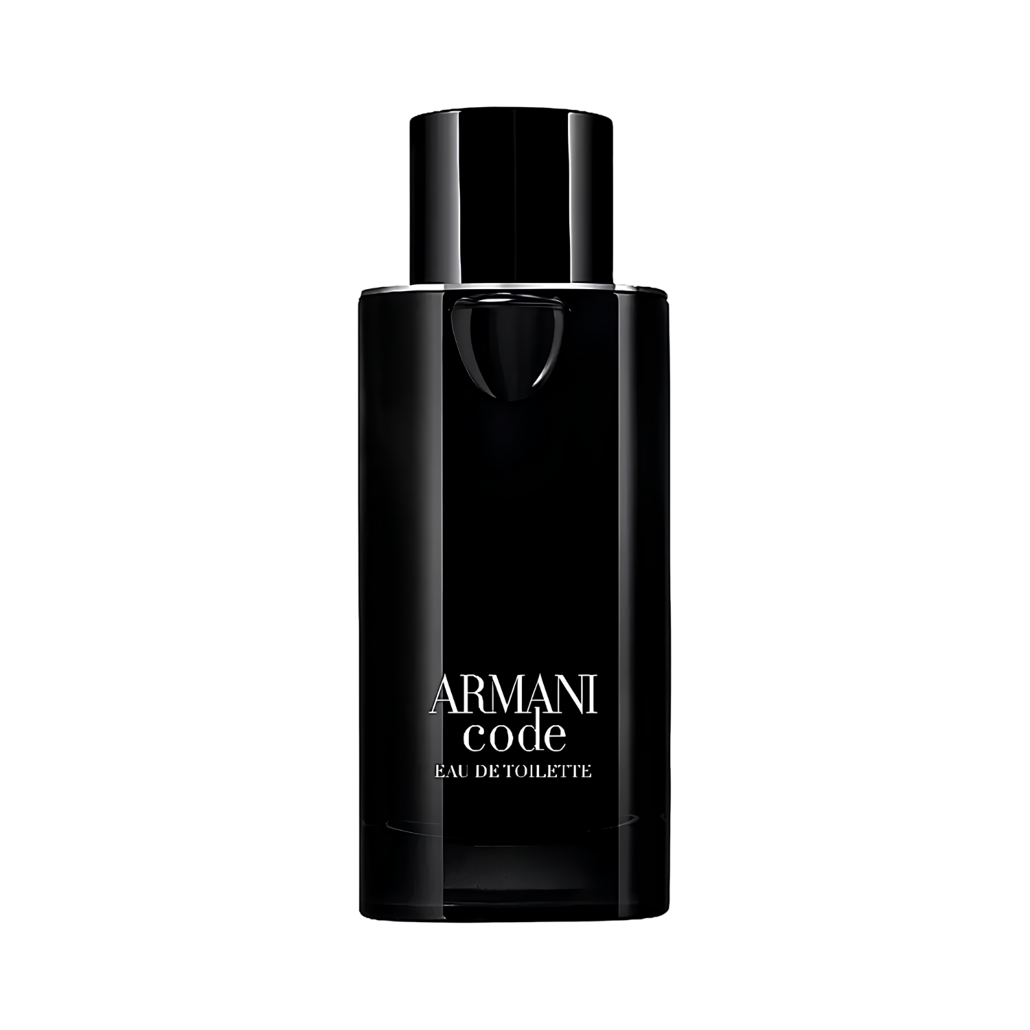 Frasco do perfume masculino Armani Code Giorgio Armani Eau de Toilette com design retangular elegante em vidro preto brilhante, com o logo "ARMANI CODE" em prata posicionado verticalmente, seguido de "EAU DE TOILETTE". A tampa é preta e retangular, com um detalhe prateado na base.