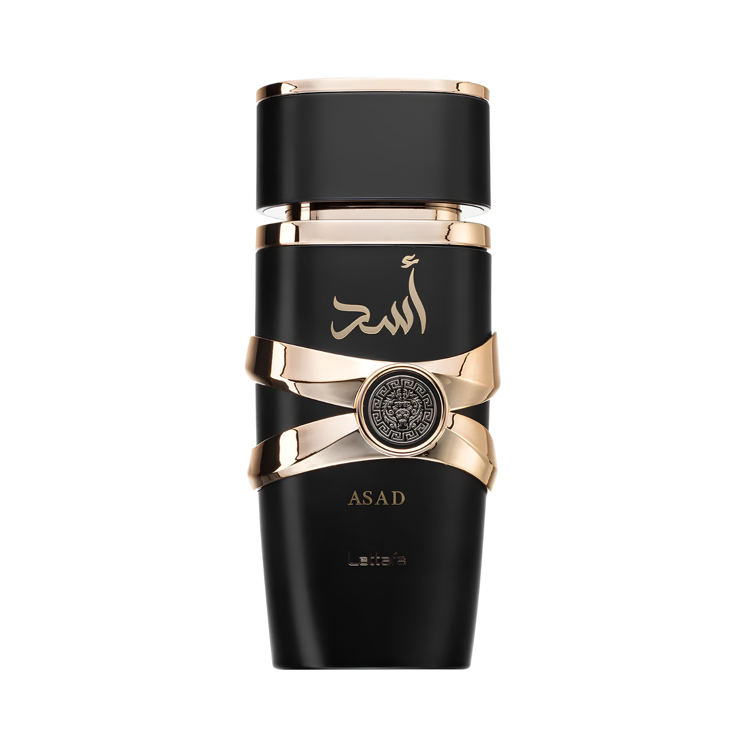 Frasco do perfume masculino Asad Lattafa Eau de Parfum, disponível na Velyre, em preto fosco com design elegante e cilíndrico, adornado com faixas e um medalhão central dourados, exibindo o nome "أسد" em árabe e "ASAD" em letras latinas na frente.