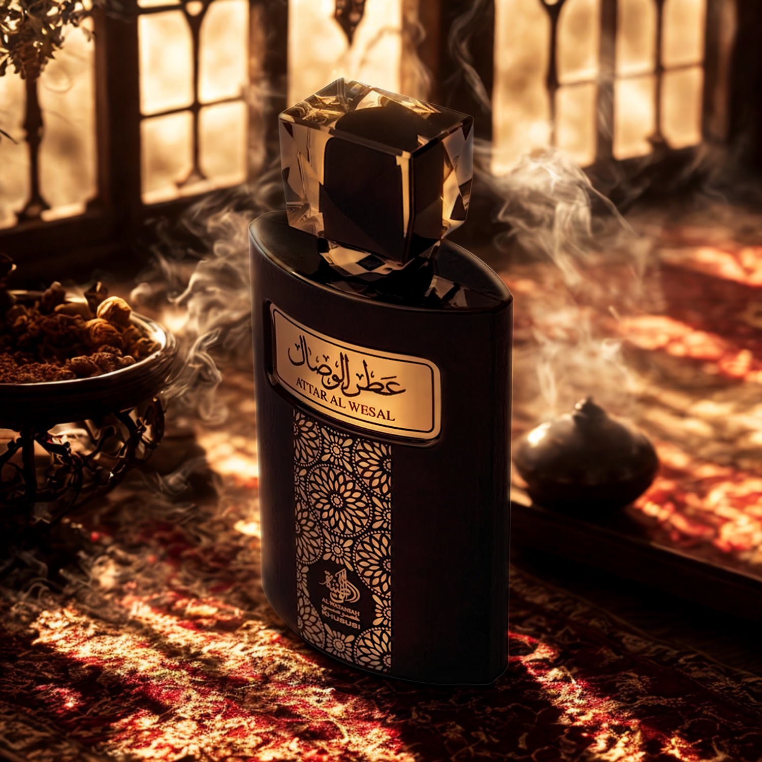 Perfume árabe Attar Al Wesal Al Wataniah, disponível na Velyre, posicionado sobre tapete oriental ricamente estampado, com incenso fumegante ao redor, transmitindo sensação de tradição e opulência cultural.