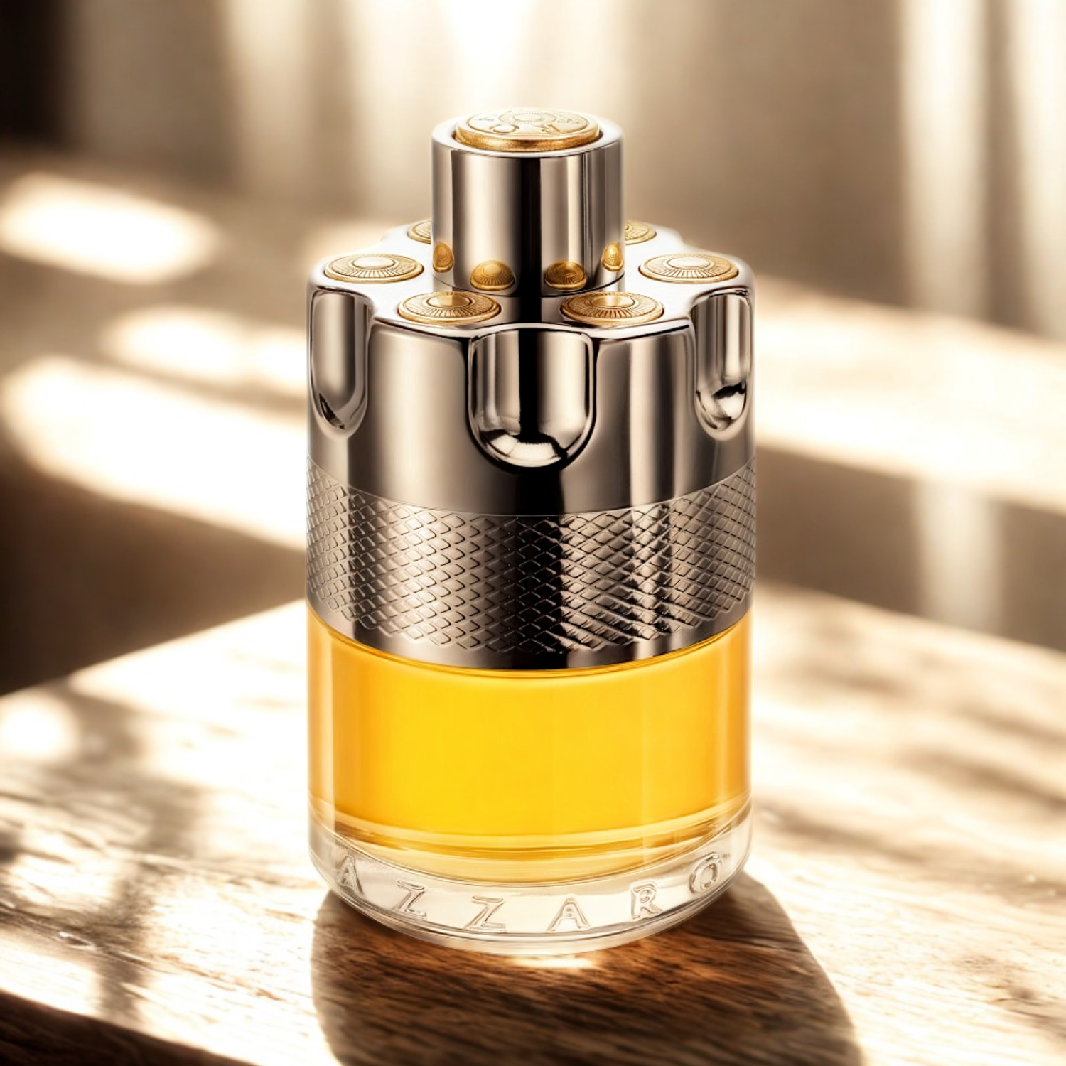 Perfume Azzaro Wanted em destaque sobre uma superfície de madeira, com luz suave refletindo no frasco. O design metálico e dourado do frasco contrasta com o fundo desfocado e iluminado.