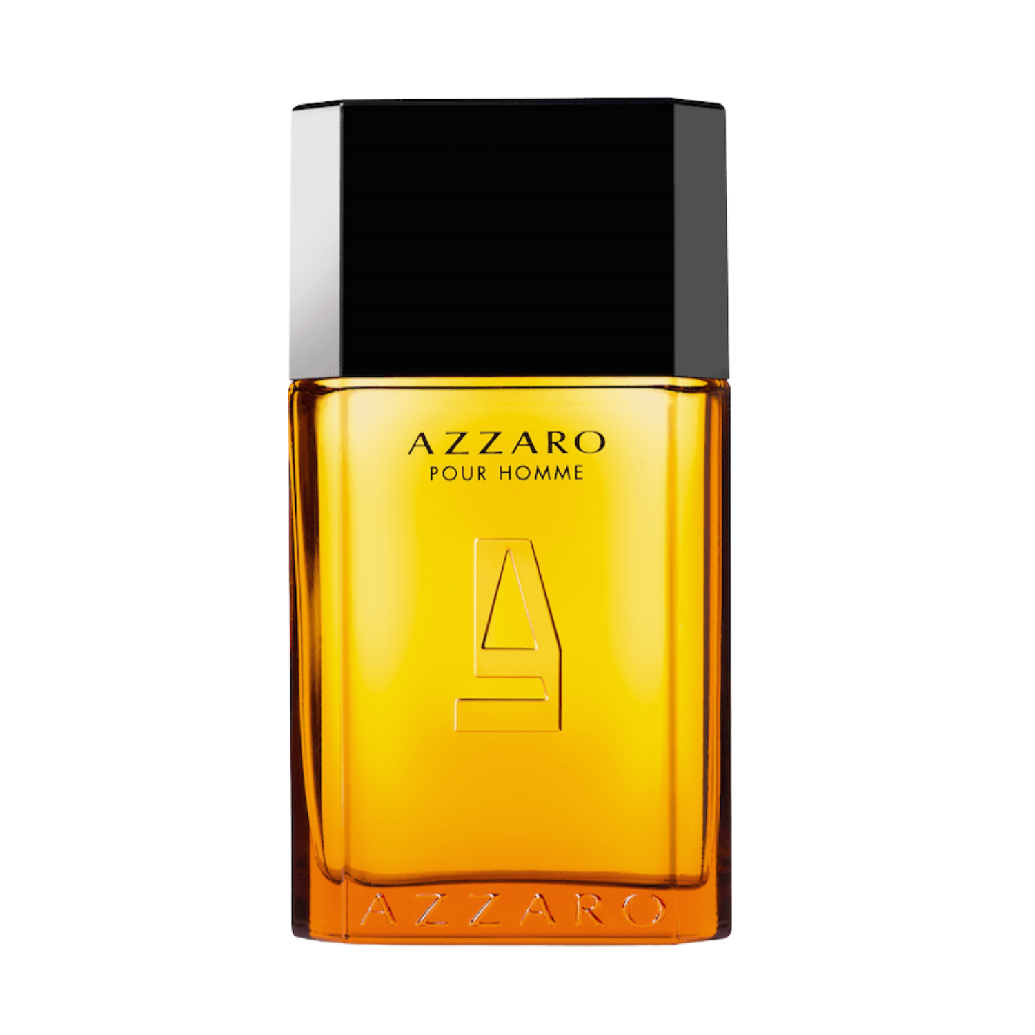 Frasco do perfume Azzaro Pour Homme com fundo branco. O frasco tem formato retangular, com vidro âmbar e tampa preta, exibindo o logotipo em relevo no centro.