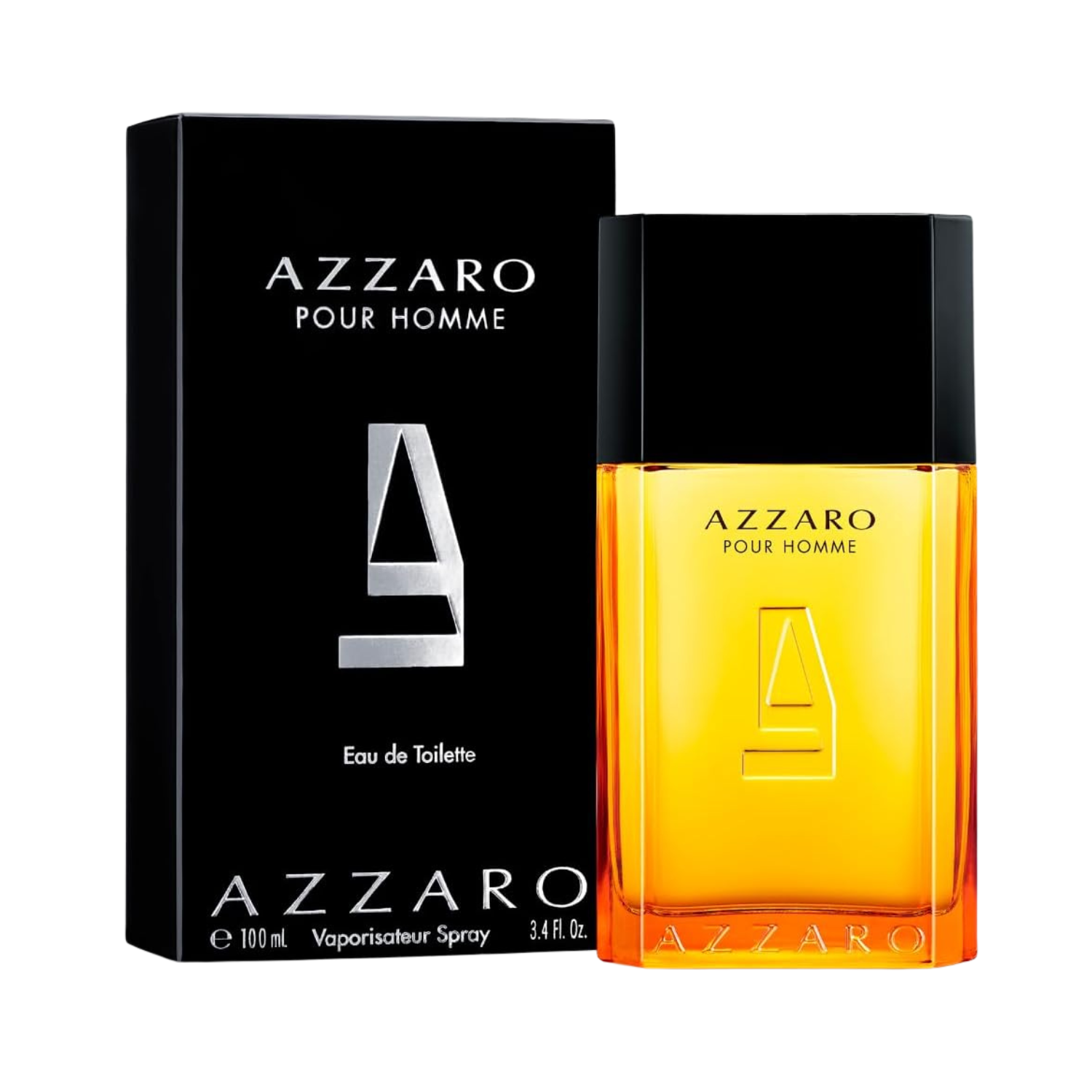 Frasco do perfume Azzaro Pour Homme ao lado da caixa preta com detalhes prateados. O frasco âmbar está à direita e a embalagem à esquerda, sobre fundo branco.