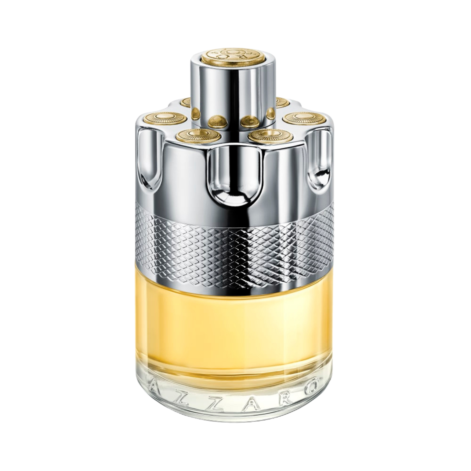 Frasco do perfume Azzaro Wanted com fundo transparente. O frasco tem formato cilíndrico com base de vidro transparente e parte superior metálica prateada, com detalhes que lembram o tambor de um revólver.