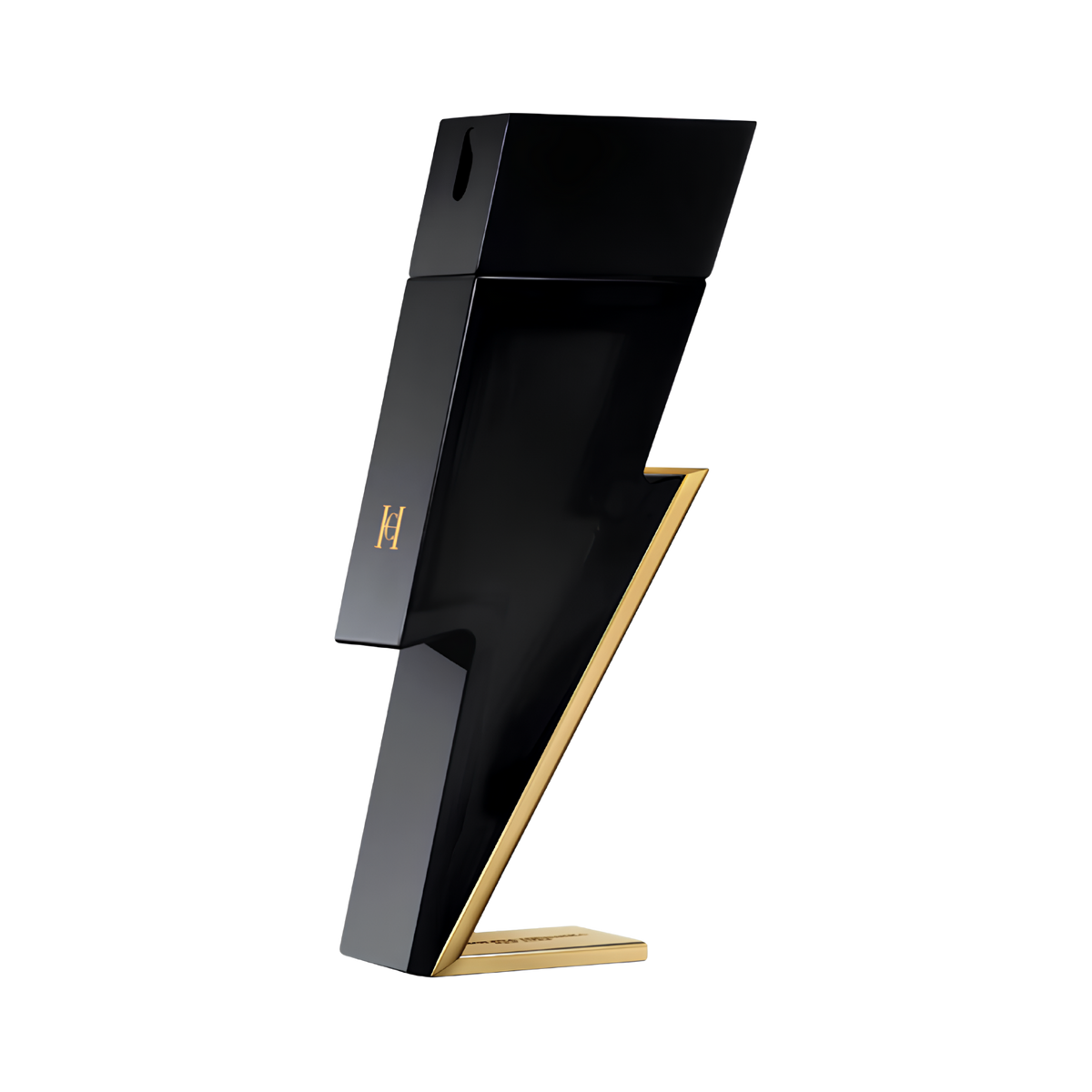 Frasco do perfume masculino Bad Boy Carolina Herrera Eau de Toilette com design arrojado em formato de raio preto brilhante, com detalhes dourados na base que simulam a eletricidade. O logo "H" dourado é visível na lateral.