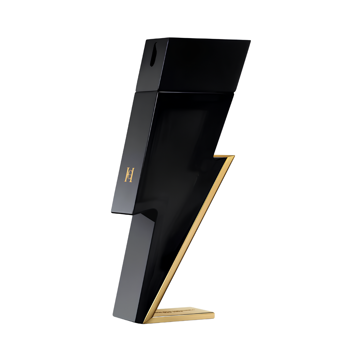 Frasco do perfume masculino Bad Boy Carolina Herrera Eau de Toilette com design arrojado em formato de raio preto brilhante, com detalhes dourados na base que simulam a eletricidade. O logo "H" dourado é visível na lateral.