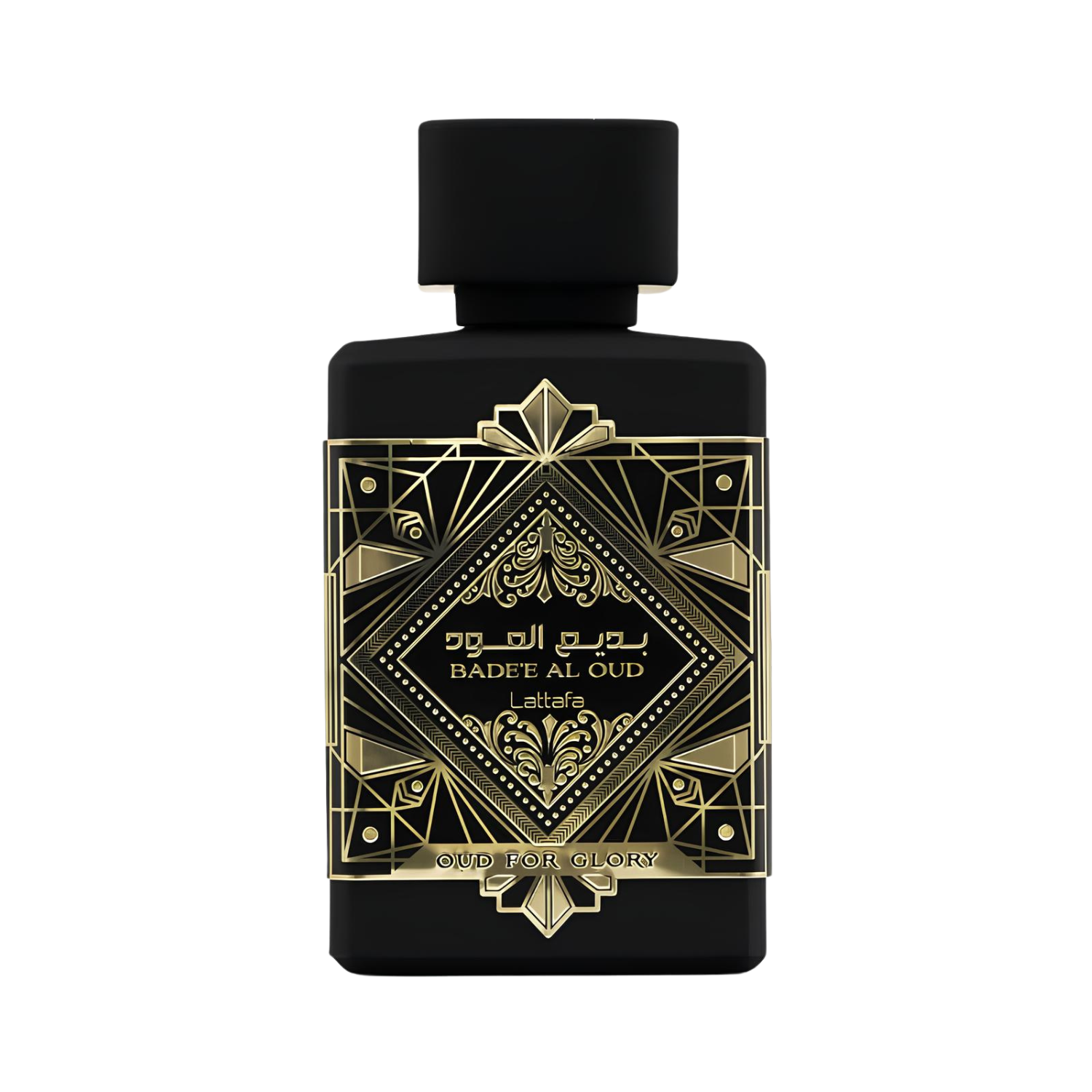 Frasco do perfume árabe unissex Bade'e Al Oud For Glory Lattafa Eau de Parfum, vendido na Velyre, em preto fosco com padrão geométrico dourado, inscrições em árabe e latim, e tampa preta discreta.