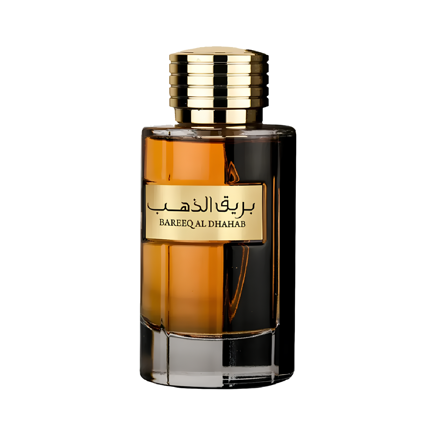 Frasco do perfume árabe unissex Bareeq Al Dhahab Al Wataniah Eau de Parfum, disponível na Velyre, com design retangular em vidro transparente e preto, líquido ambarino, tampa dourada texturizada e placa dourada com o nome 'بريق الذهب' em árabe e 'BAREEQ AL DHAHAB' em letras latinas.