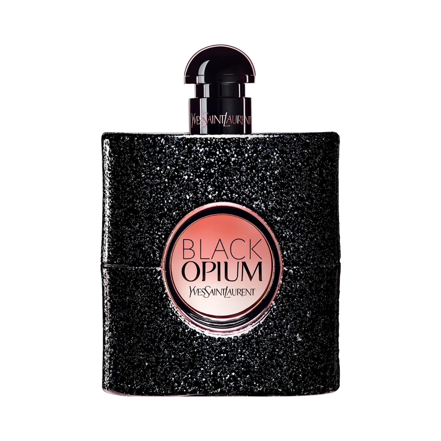 Frasco cintilante do perfume Black Opium da Yves Saint Laurent com glitter preto e detalhe central rosado, sobre fundo transparente.