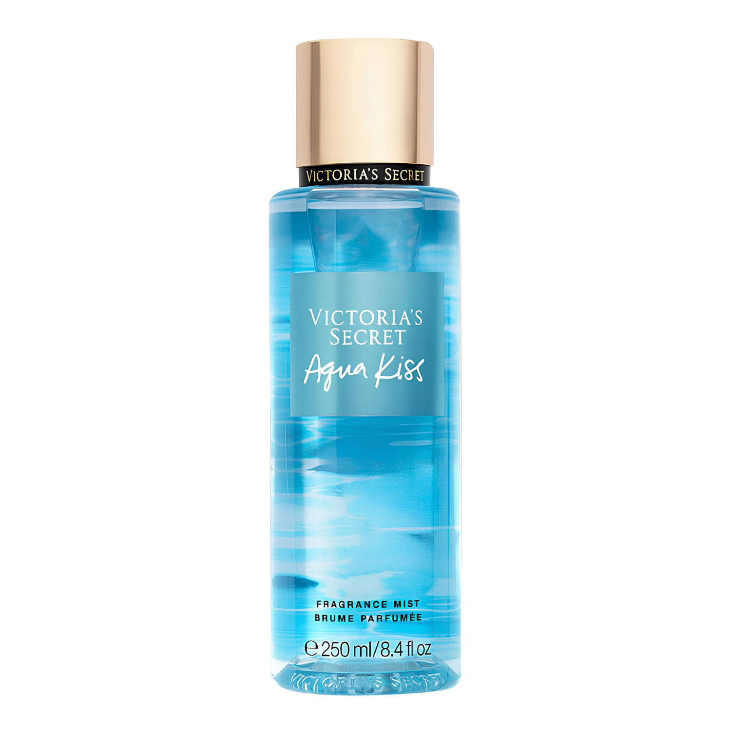 Frasco do body splash importado Acqua Kiss Victoria's Secret em tom azul claro transparente com o nome "VICTORIA'S SECRET Aqua Kiss" em tipografia elegante. A tampa é dourada e cilíndrica. Contém "FRAGRANCE MIST BRUME PARFUMÉE 250 mL / 8.4 fl oz", disponível na Velyre.