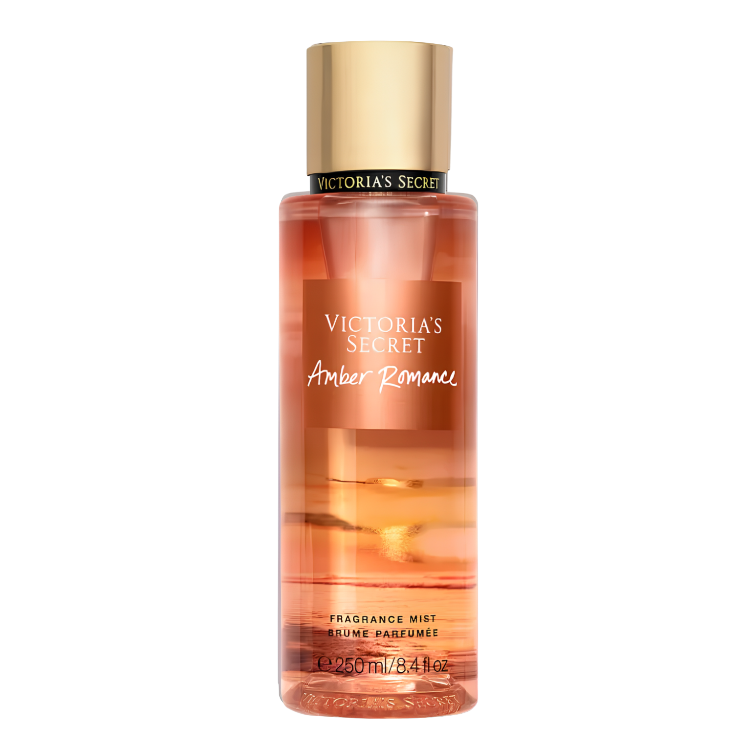 Frasco do body splash importado Amber Romance Victoria's Secret em tom âmbar transparente com o nome "VICTORIA'S SECRET Amber Romance" em tipografia elegante. A tampa é dourada e cilíndrica. Contém "FRAGRANCE MIST BRUME PARFUMÉE 250 mL / 8.4 fl oz", disponível na Velyre.