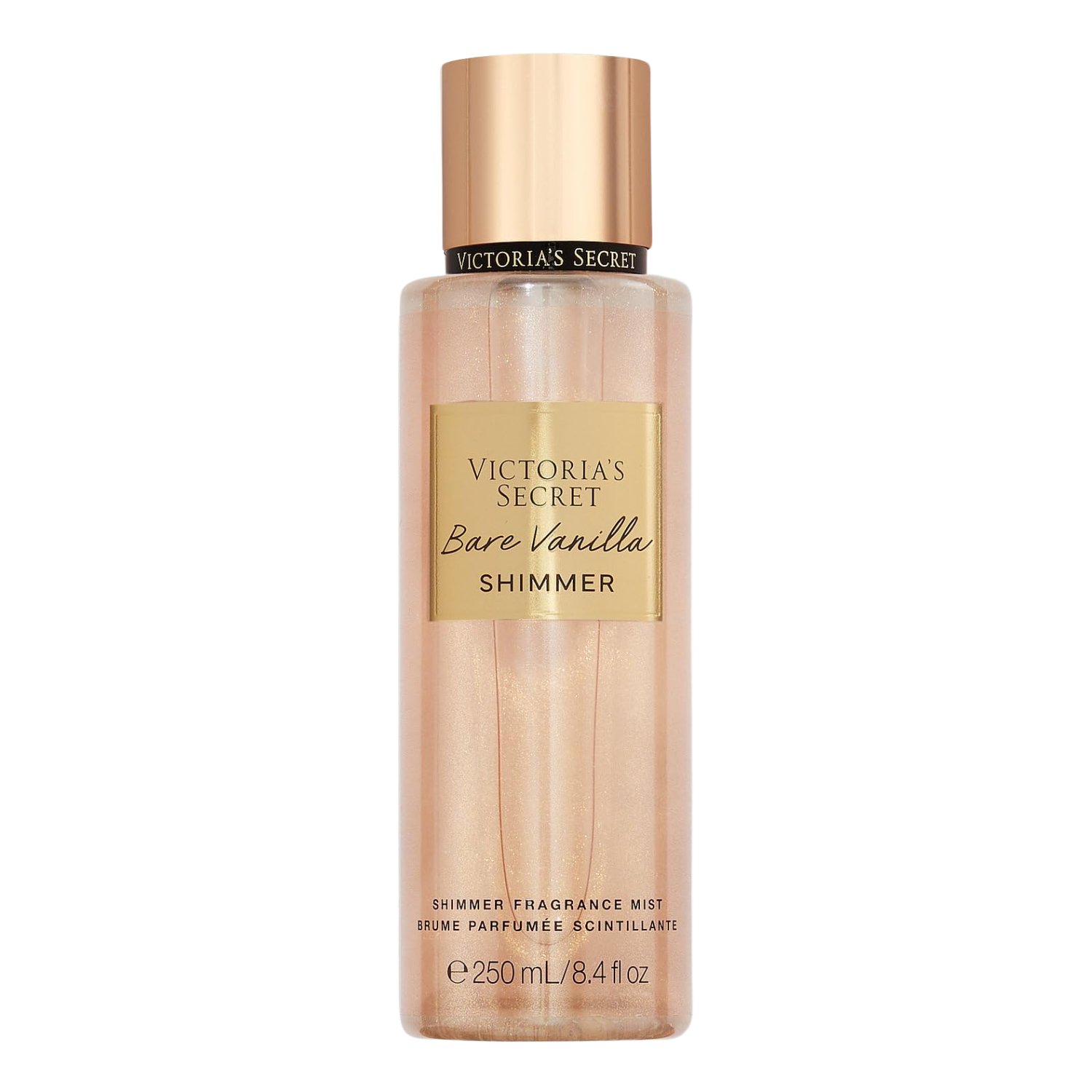 Frasco do body splash importado Bare Vanilla Shimmer Victoria's Secret em tom pêssego transparente com brilho cintilante, com o nome "VICTORIA'S SECRET Bare Vanilla SHIMMER" em letras douradas em um rótulo rosa. A tampa é dourada e cilíndrica. Contém "SHIMMER FRAGRANCE MIST BRUME PARFUMÉE SCINTILLANTE 250 mL / 8.4 fl oz", disponível na Velyre.