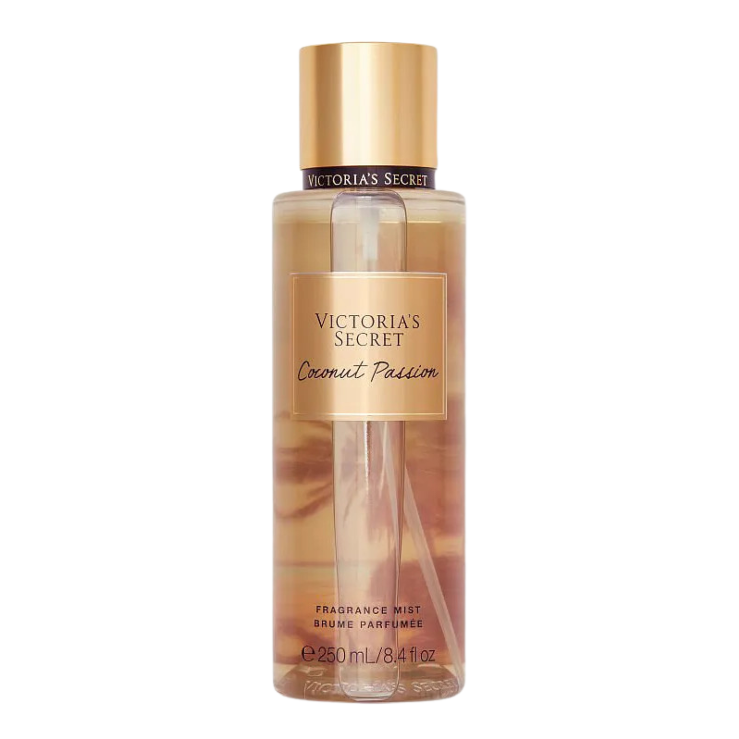 Frasco do body splash importado Coconut Passion Victoria's Secret em tom âmbar transparente com o nome "VICTORIA'S SECRET Coconut Passion" em tipografia elegante. A tampa é dourada e cilíndrica. Contém "FRAGRANCE MIST BRUME PARFUMÉE 250 mL / 8.4 fl oz", disponível na Velyre.