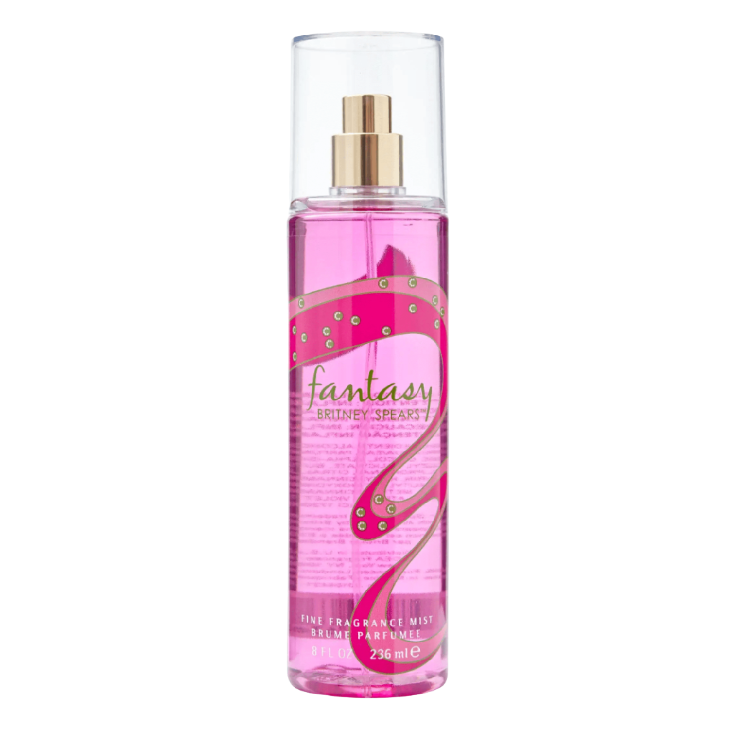 Frasco do body splash Fantasy Britney Spears em tom rosa vibrante transparente, com um design de videira rosa escura com pequenas gemas verdes. O nome "fantasy BRITNEY SPEARS" está em destaque. A tampa é transparente e cilíndrica, com um pulverizador dourado. Contém "FINE FRAGRANCE MIST BRUME PARFUMÉE 236 ml e".