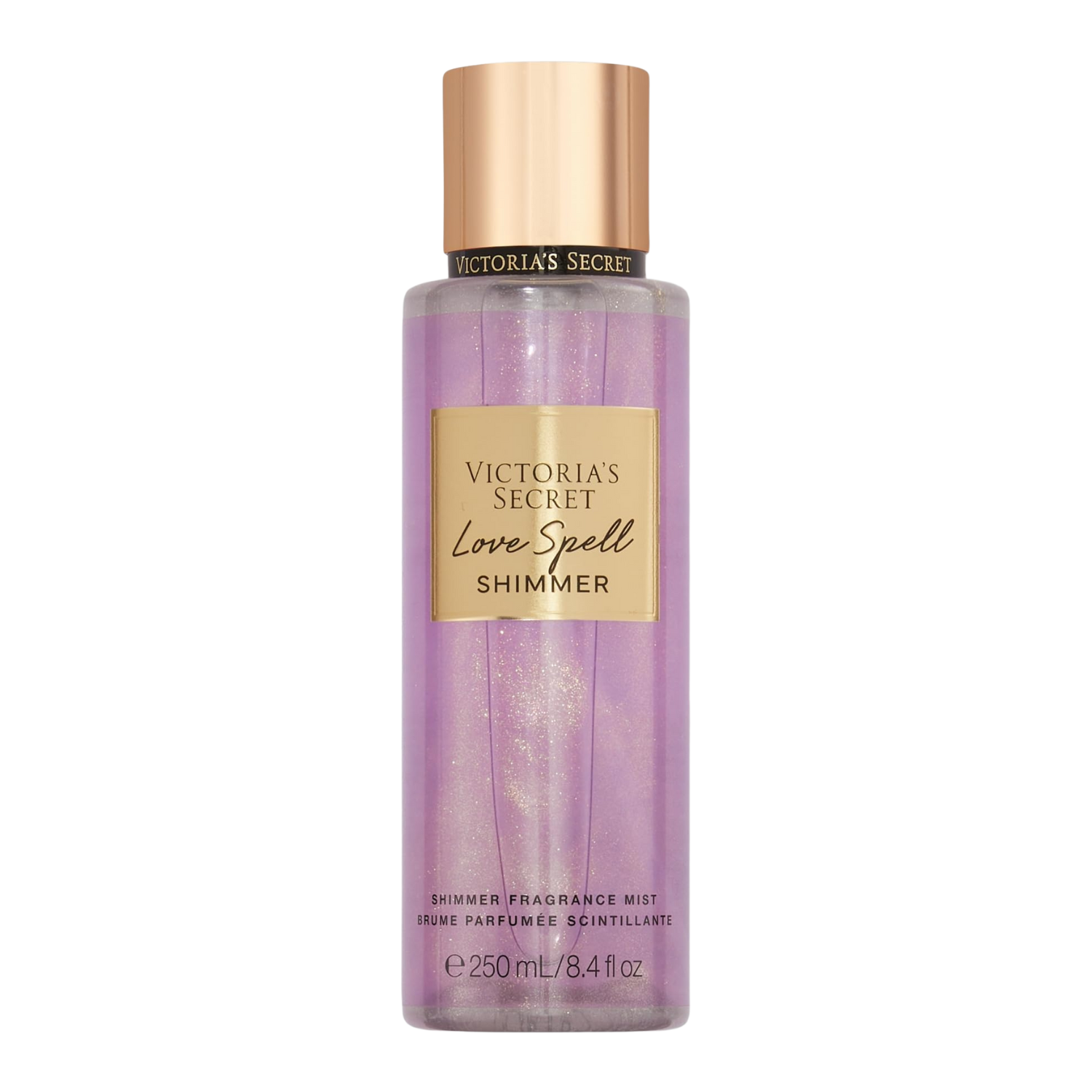 Frasco do body splash importado Love Spell Shimmer Victoria's Secret em tom lilás transparente com brilho cintilante, com o nome "VICTORIA'S SECRET Love Spell SHIMMER" em letras douradas em um rótulo rosa. A tampa é dourada e cilíndrica. Contém "SHIMMER FRAGRANCE MIST BRUME PARFUMÉE SCINTILLANTE 250 mL / 8.4 fl oz", disponível na Velyre.