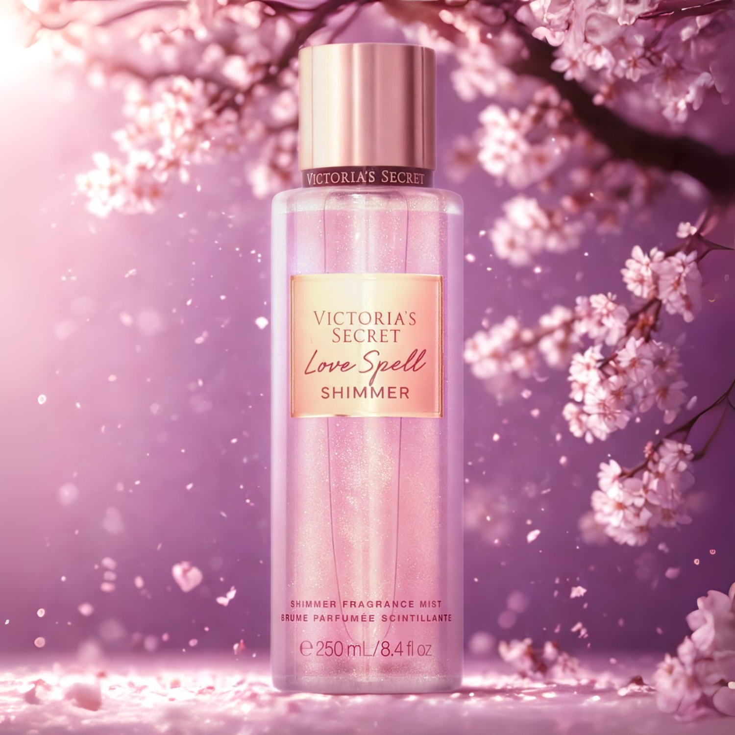 Frasco do body splash importado Love Spell Shimmer Victoria's Secret em destaque em um ambiente romântico com flores de cerejeira rosa e brilhos cintilantes ao fundo, evocando uma fragrância floral doce e luminosa, disponível na Velyre.