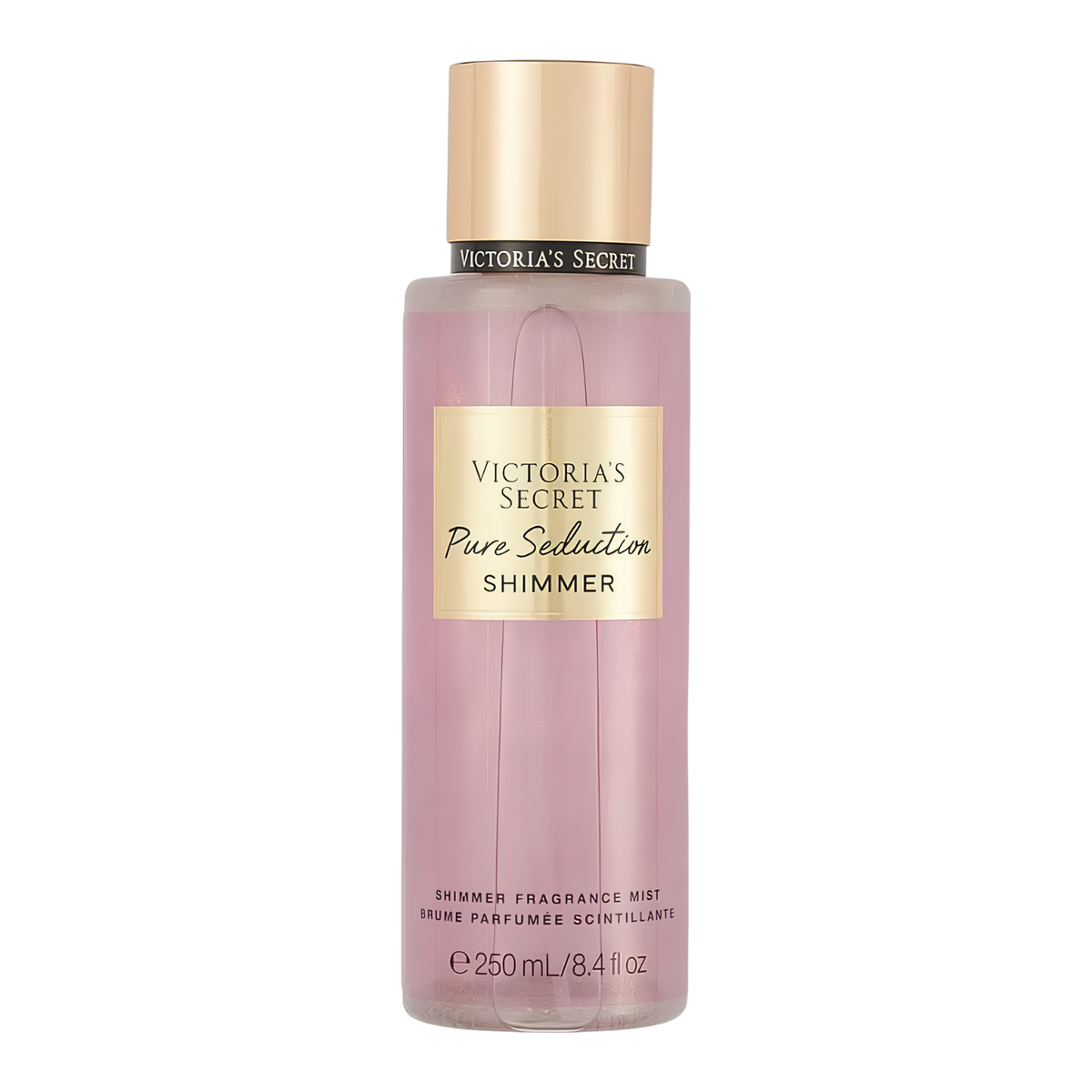 Frasco do body splash importado Pure Seduction Shimmer Victoria's Secret em tom rosa pálido transparente com brilho cintilante, com o nome "VICTORIA'S SECRET Pure Seduction SHIMMER" em letras douradas em um rótulo rosa. A tampa é dourada e cilíndrica. Contém "SHIMMER FRAGRANCE MIST BRUME PARFUMÉE SCINTILLANTE 250 mL / 8.4 fl oz", disponível na Velyre.