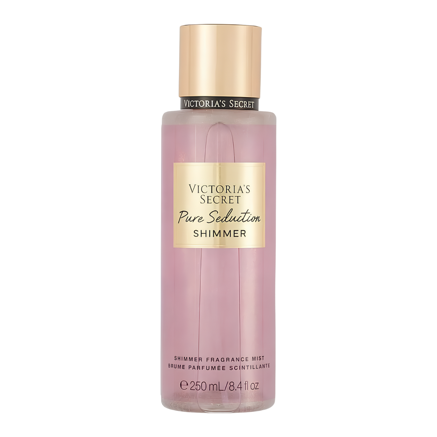 Frasco do body splash importado Pure Seduction Shimmer Victoria's Secret em tom rosa pálido transparente com brilho cintilante, com o nome "VICTORIA'S SECRET Pure Seduction SHIMMER" em letras douradas em um rótulo rosa. A tampa é dourada e cilíndrica. Contém "SHIMMER FRAGRANCE MIST BRUME PARFUMÉE SCINTILLANTE 250 mL / 8.4 fl oz", disponível na Velyre.