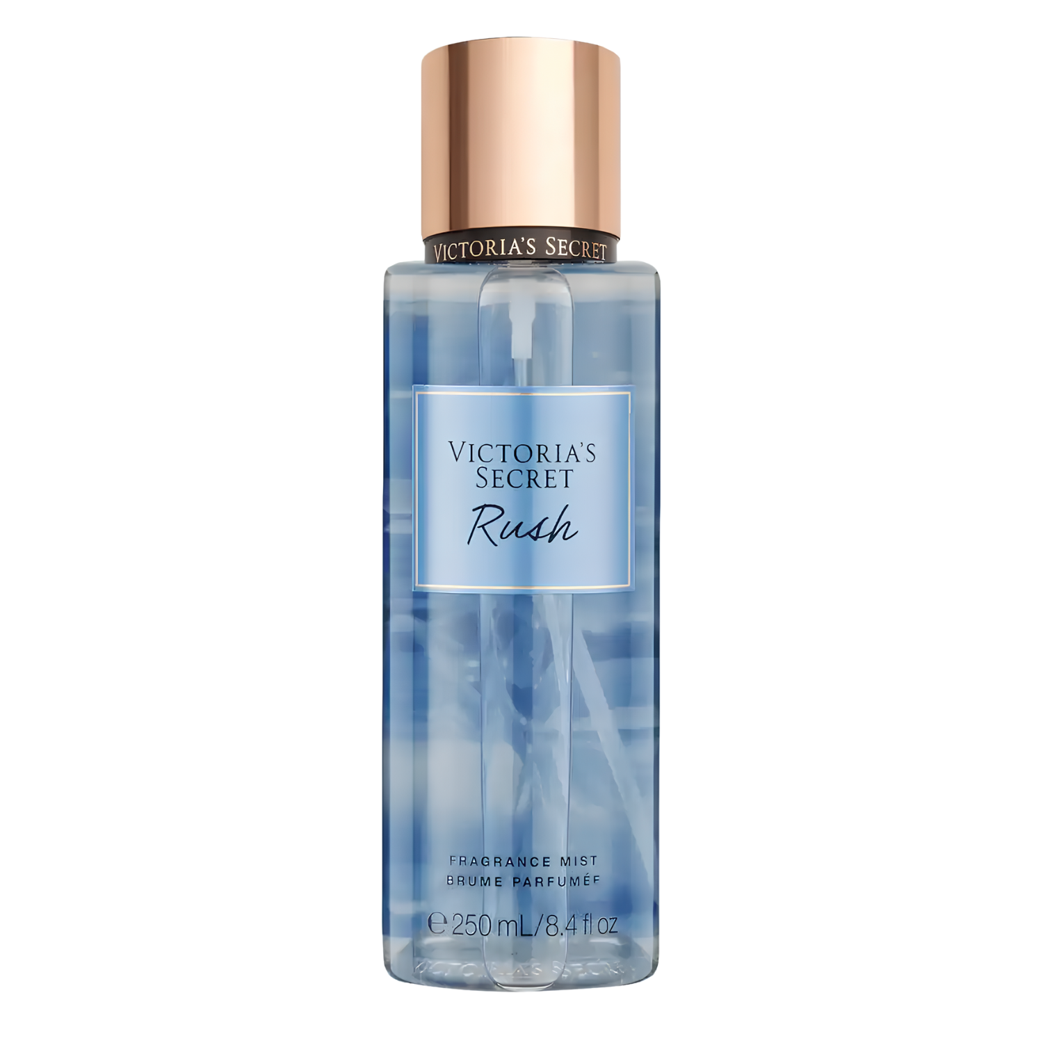 Frasco do body splash importado Rush Victoria's Secret em tom azul claro transparente com o nome "VICTORIA'S SECRET Rush" em tipografia elegante em um rótulo azul. A tampa é rose gold e cilíndrica. Contém "FRAGRANCE MIST BRUME PARFUMÉE 250 mL / 8.4 fl oz", disponível na Velyre.