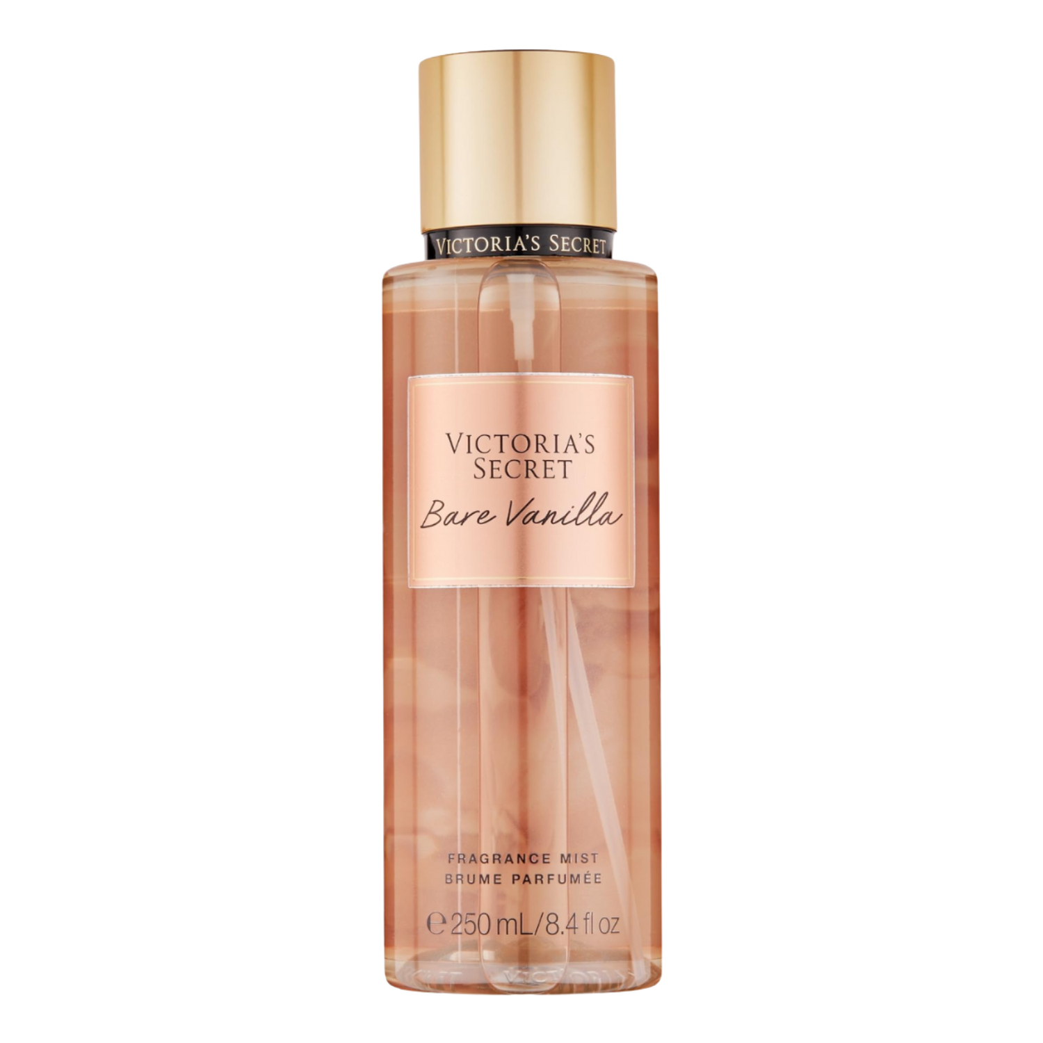 Frasco do body splash importado Bare Vanilla Victoria's Secret em tom pêssego transparente com o nome "VICTORIA'S SECRET Bare Vanilla" em tipografia elegante. A tampa é dourada e cilíndrica. Contém "FRAGRANCE MIST BRUME PARFUMÉE 250 mL / 8.4 fl oz", disponível na Velyre.