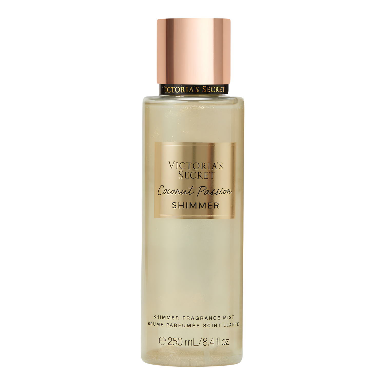 Frasco do body splash importado Coconut Passion Shimmer Victoria's Secret em tom dourado transparente com brilho cintilante, com o nome "VICTORIA'S SECRET Coconut Passion SHIMMER" em letras douradas em um rótulo. A tampa é rose gold e cilíndrica. Contém "SHIMMER FRAGRANCE MIST BRUME PARFUMÉE SCINTILLANTE 250 mL / 8.4 fl oz", disponível na Velyre.