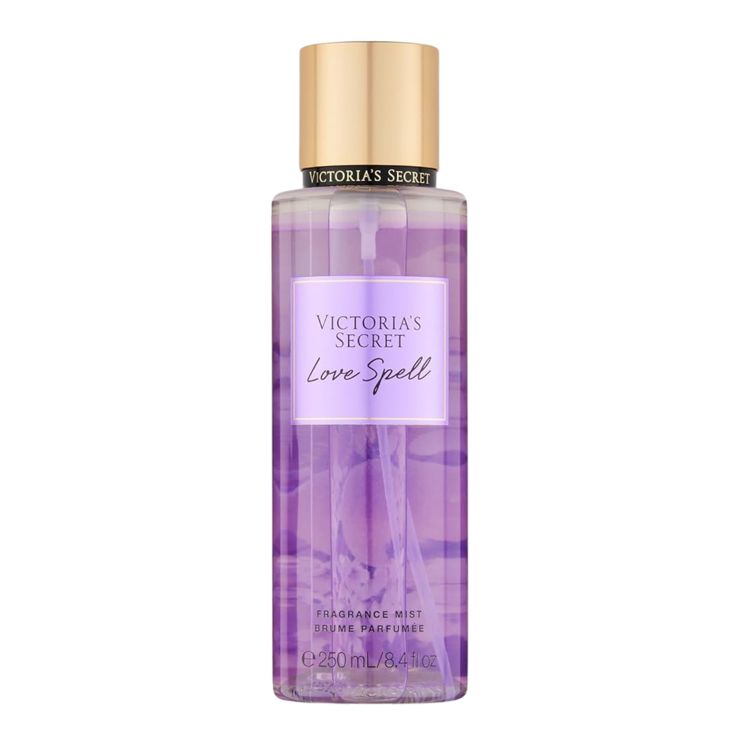 Frasco do body splash importado Love Spell Victoria's Secret em tom lilás transparente com o nome "VICTORIA'S SECRET Love Spell" em tipografia elegante. A tampa é dourada e cilíndrica. Contém "FRAGRANCE MIST BRUME PARFUMÉE 250 mL / 8.4 fl oz", disponível na Velyre.