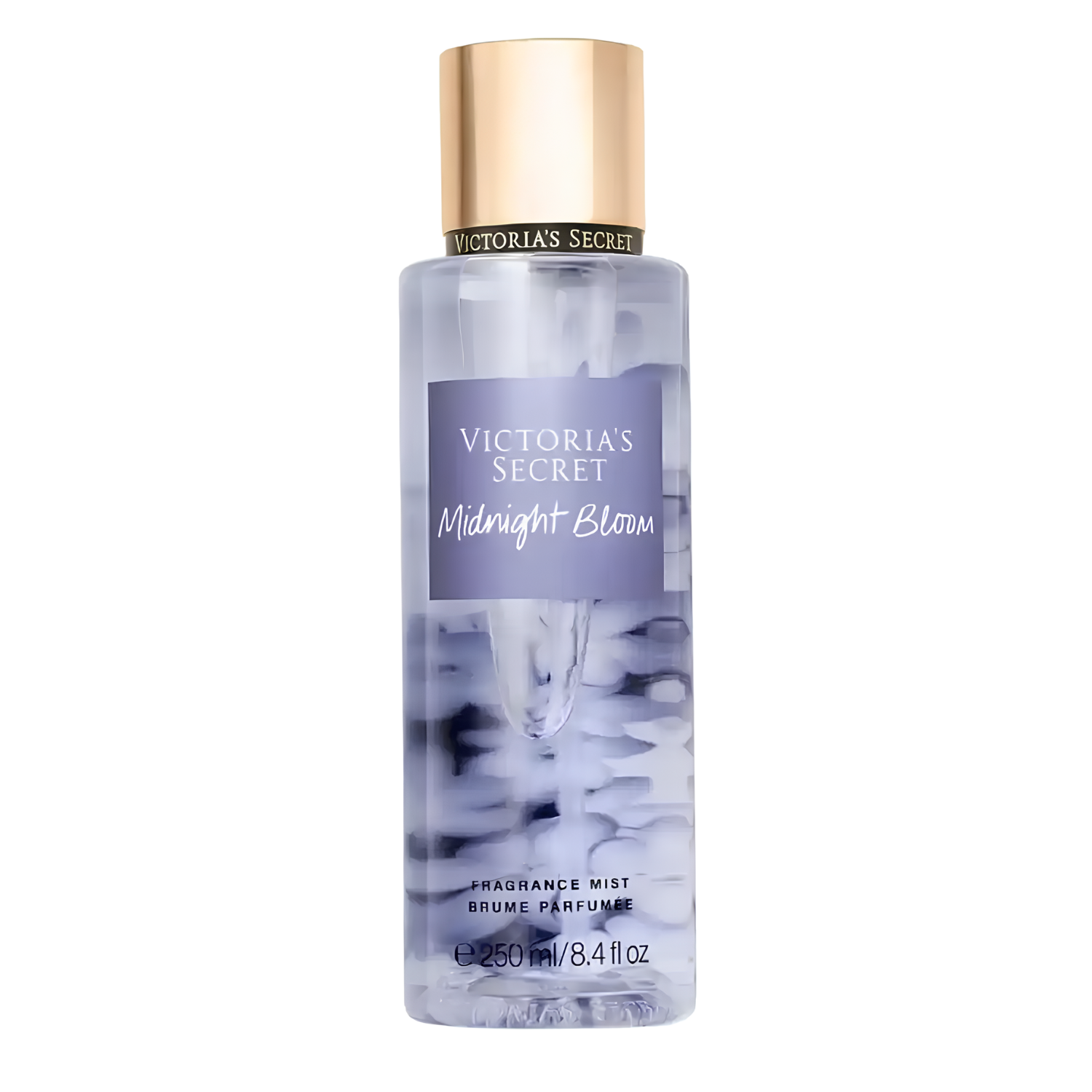 Frasco do body splash importado Midnight Bloom Victoria's Secret em tom roxo translúcido com o nome "VICTORIA'S SECRET Midnight Bloom" em tipografia elegante em um rótulo roxo. A tampa é dourada e cilíndrica. Contém "FRAGRANCE MIST BRUME PARFUMÉE 250 mL / 8.4 fl oz", disponível na Velyre.