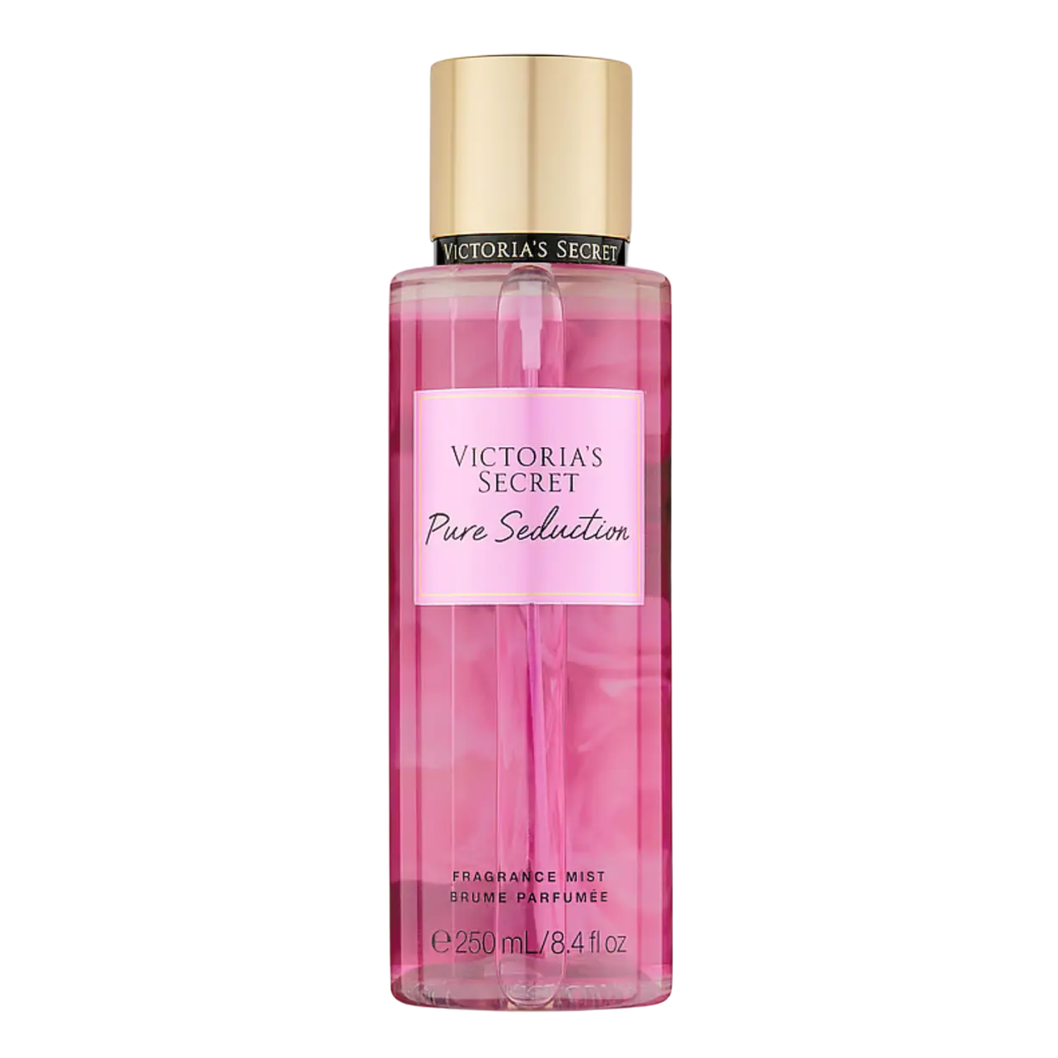 Frasco do body splash importado Pure Seduction Victoria's Secret em tom rosa choque transparente com o nome "VICTORIA'S SECRET Pure Seduction" em tipografia elegante em um rótulo rosa. A tampa é dourada e cilíndrica. Contém "FRAGRANCE MIST BRUME PARFUMÉE 250 mL / 8.4 fl oz", disponível na Velyre.