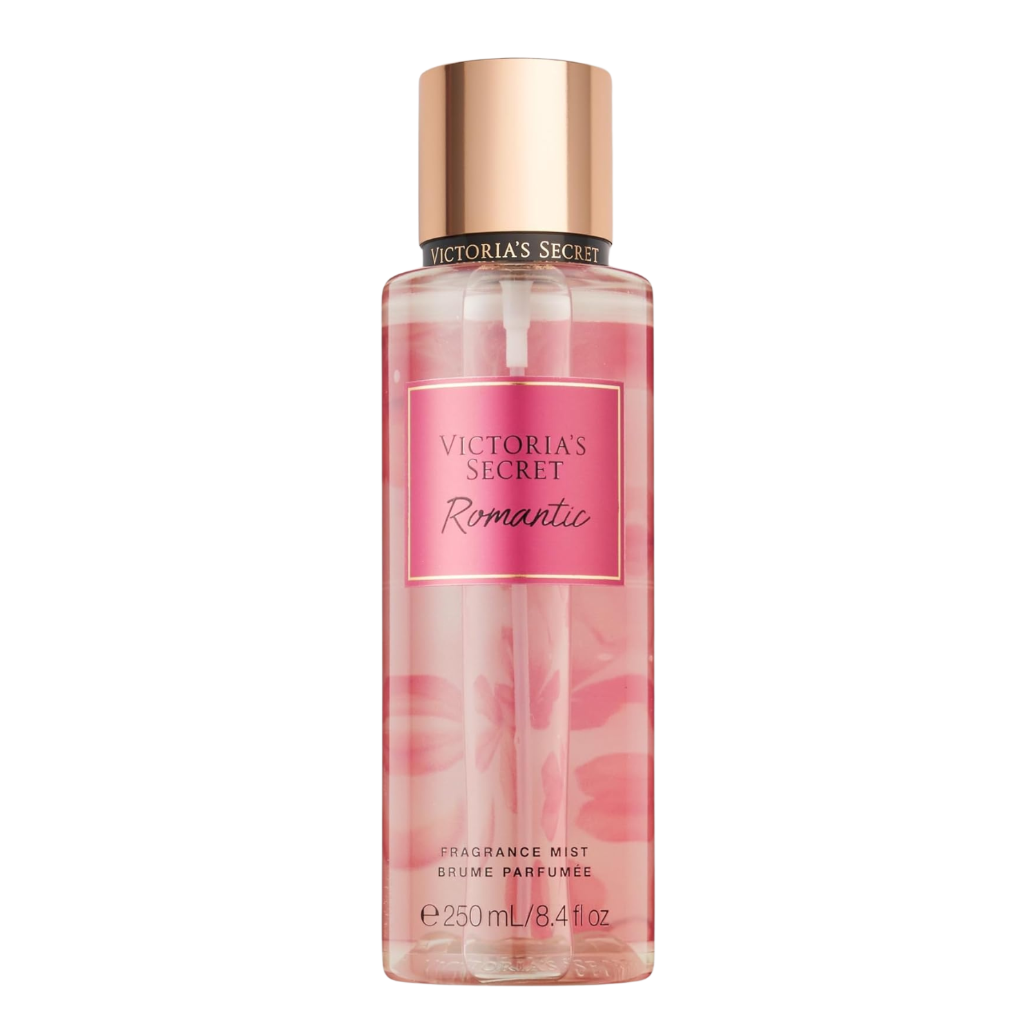 Frasco do body splash importado Romantic Victoria's Secret em tom rosa transparente com o nome "VICTORIA'S SECRET Romantic" em tipografia elegante em um rótulo rosa. A tampa é dourada e cilíndrica. Contém "FRAGRANCE MIST BRUME PARFUMÉE 250 mL / 8.4 fl oz", disponível na Velyre.